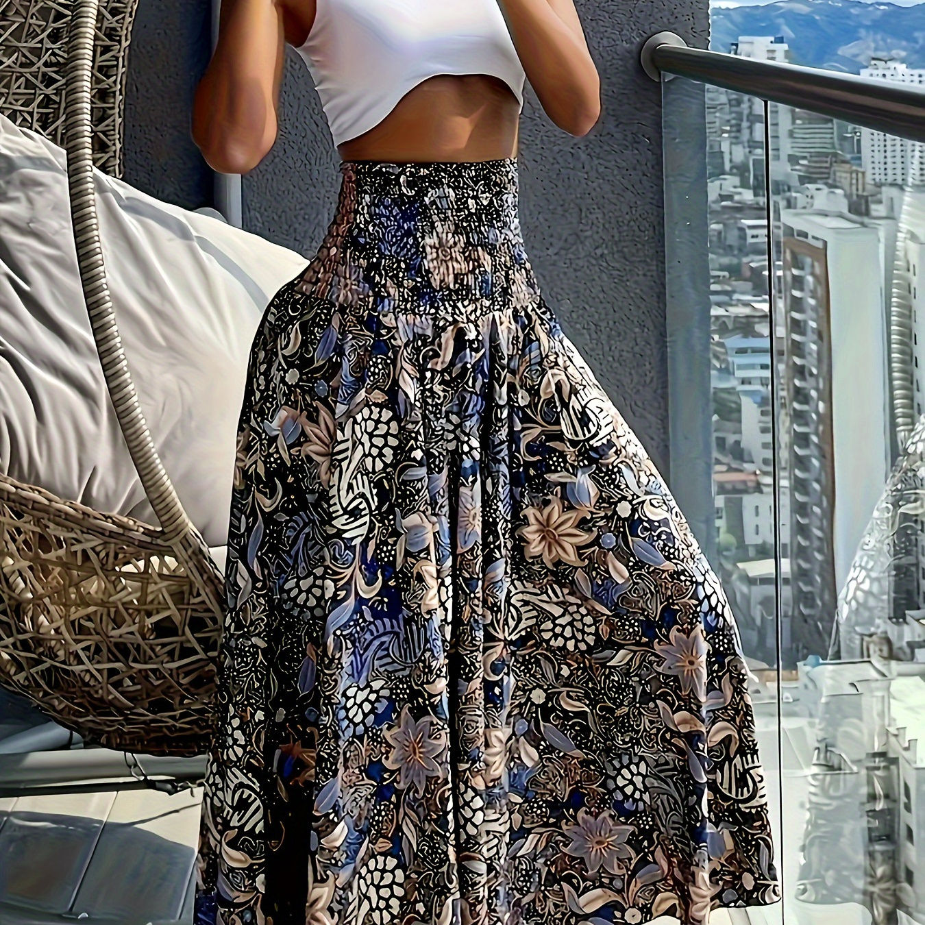 

Floral Print Smock High Waist Skirt, Vacation A-line Skirt For Spring & Summer, Women's Clothing