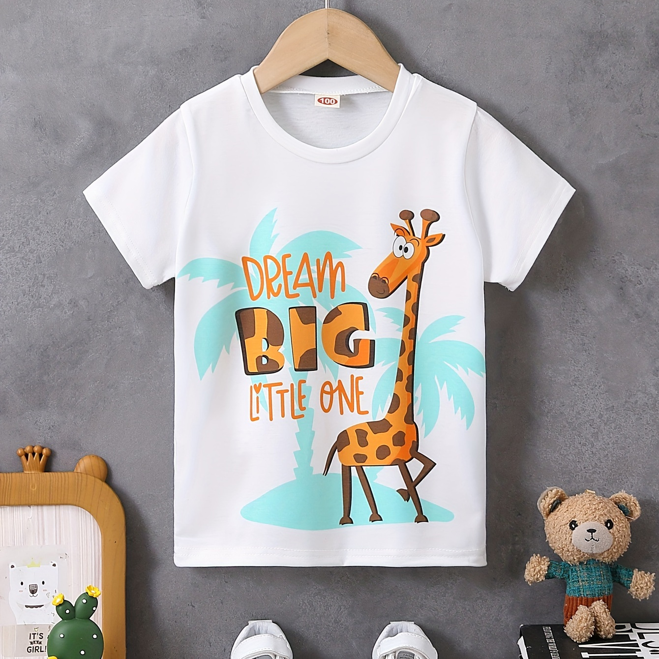 

Cartoon Giraffe Print Crew Neck T-shirt, Short Sleeve Casual Comfy Summer Tee Tops For Boys