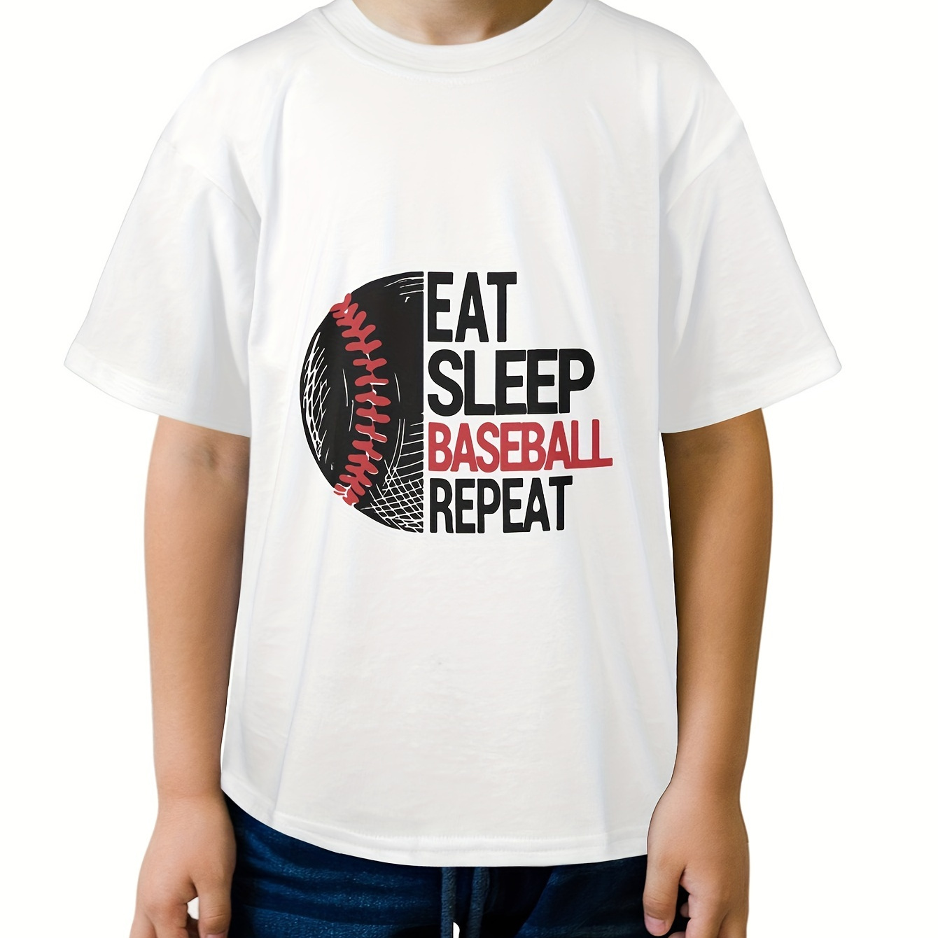 

Boy's Pure Cotton Summer Casual Comfy T-shirt - Eat Baseball Repeat Print Short Sleeve Crew Neck Tee Creative Gift