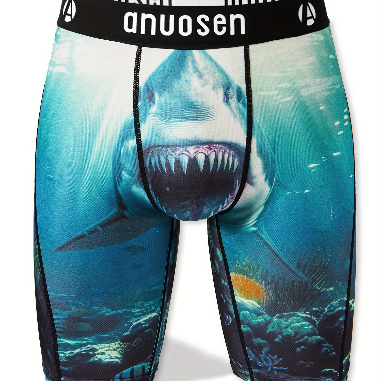 

Men's Sports Long Boxer Briefs Shorts, Shark Print Anti-wear Legs, Quick Dry Breathable Comfy Stretchy Boxer Trunks, Swim Trunks For Beach Pool, Running Pants For Outdoor