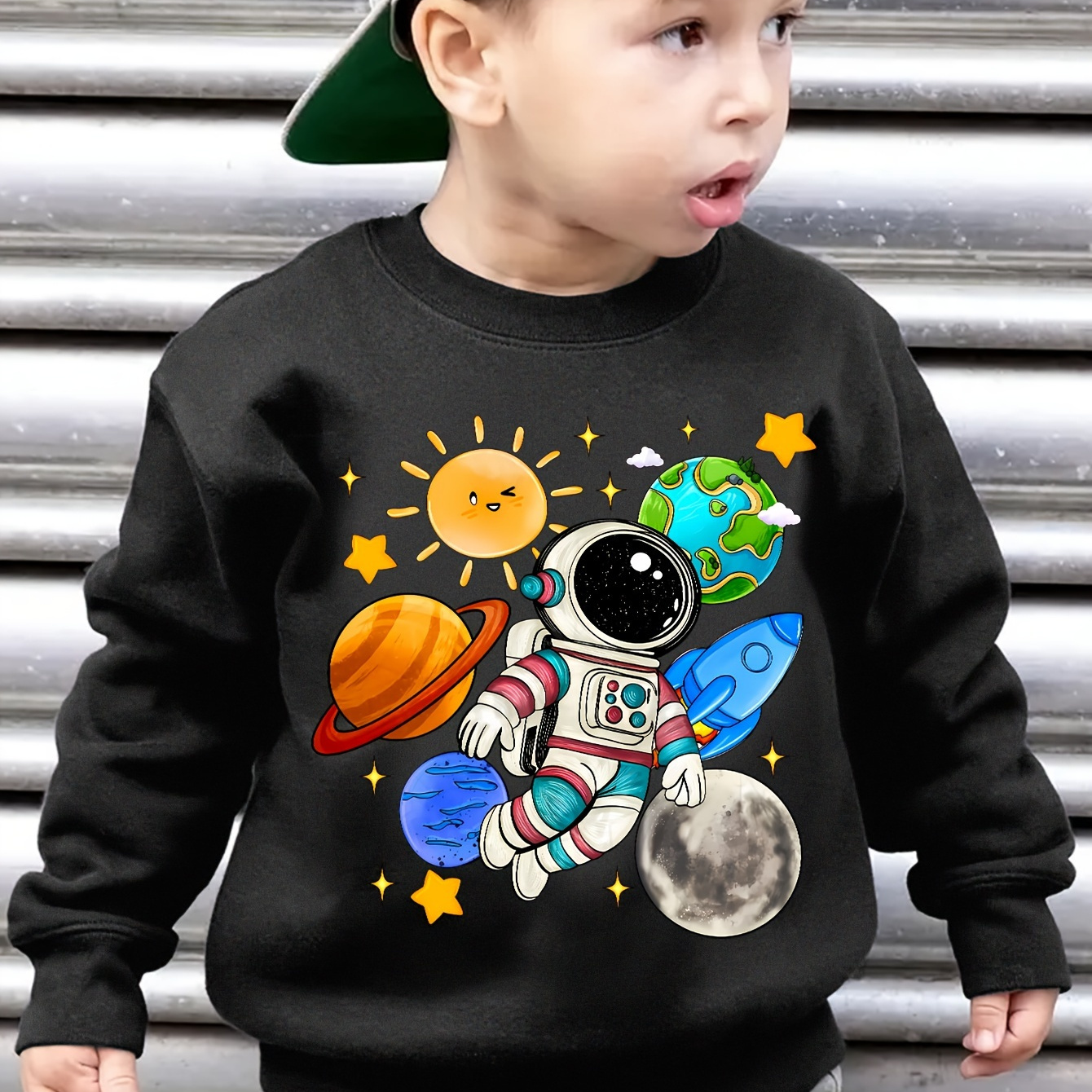 

Boys' Space-themed Cartoon Print Sweatshirt - Casual Long Sleeve Pullover For Fall/spring, Machine Washable