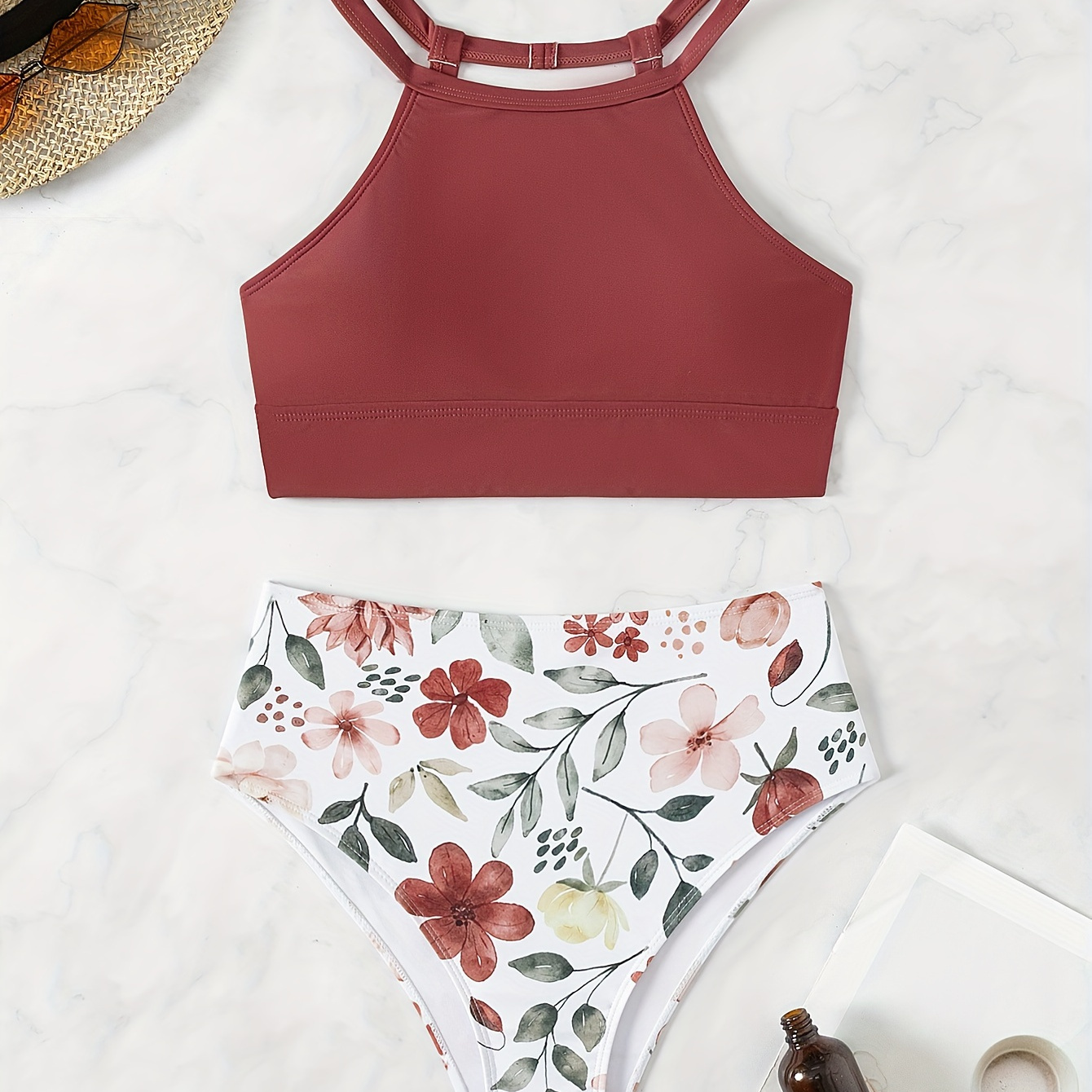 

Leaf&floral Print High Waisted 2 Piece Set Bikini, Spaghetti Strap Stretchy Top & Comfy Bottoms Swimsuits, Women's Swimwear & Clothing
