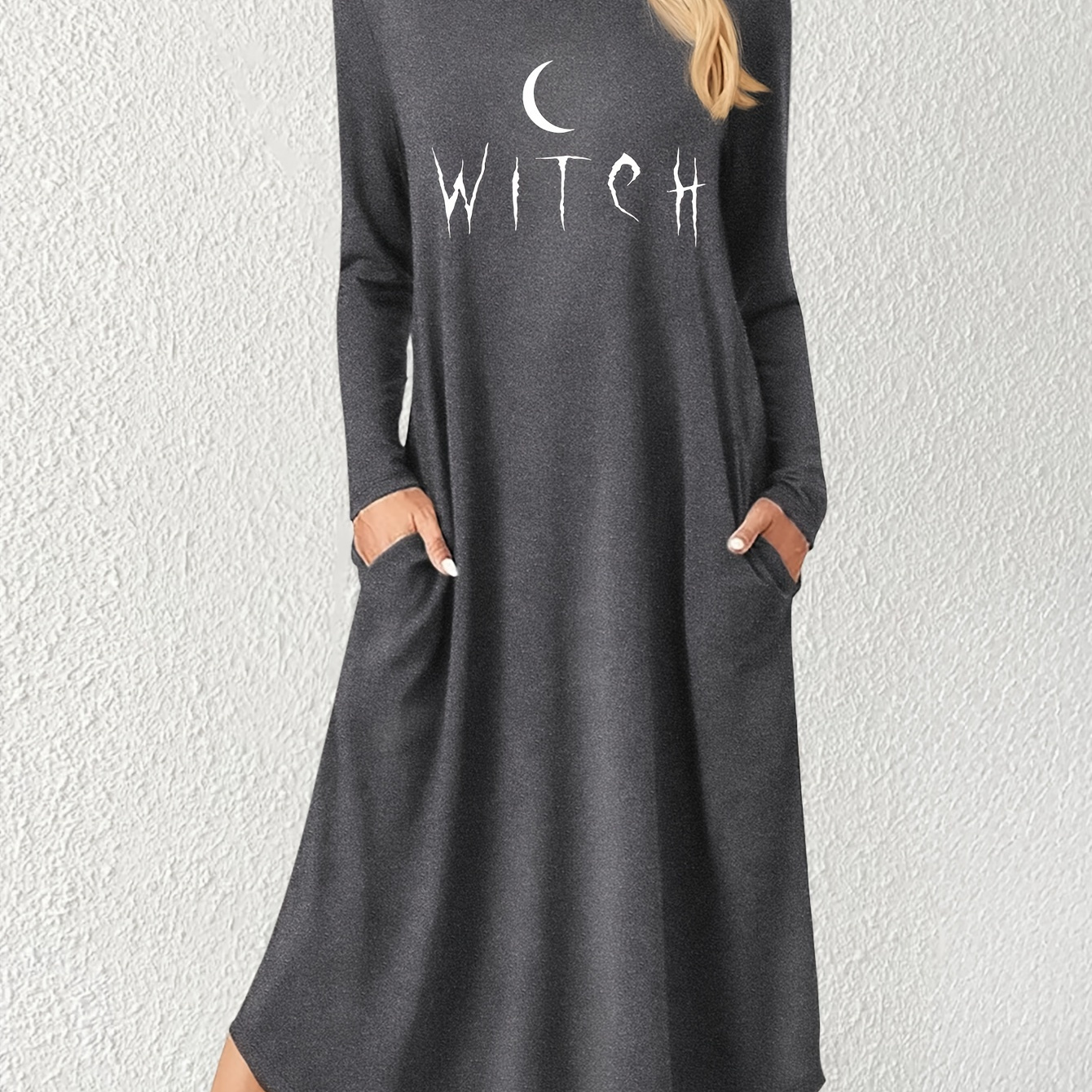 

Robe midi décontractée pour femme avec col rond, imprimé de lettres et poches patchées, manches longues en polyester (95% polyester, 5% élasthanne) pour /hiver - Motif alphabet