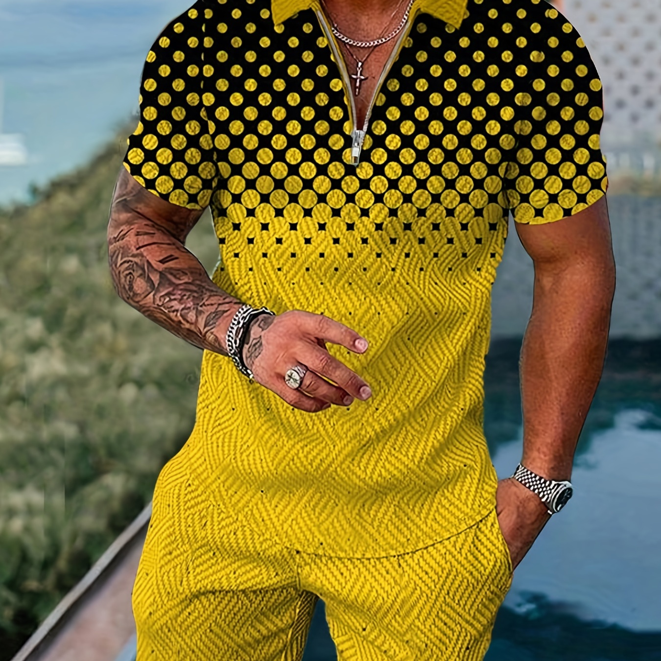 Men's Business Casual Polo Set, Polka Dot Graphic Print Contrast Color Polo Shirt Shorts Set For Summer, Plus Size