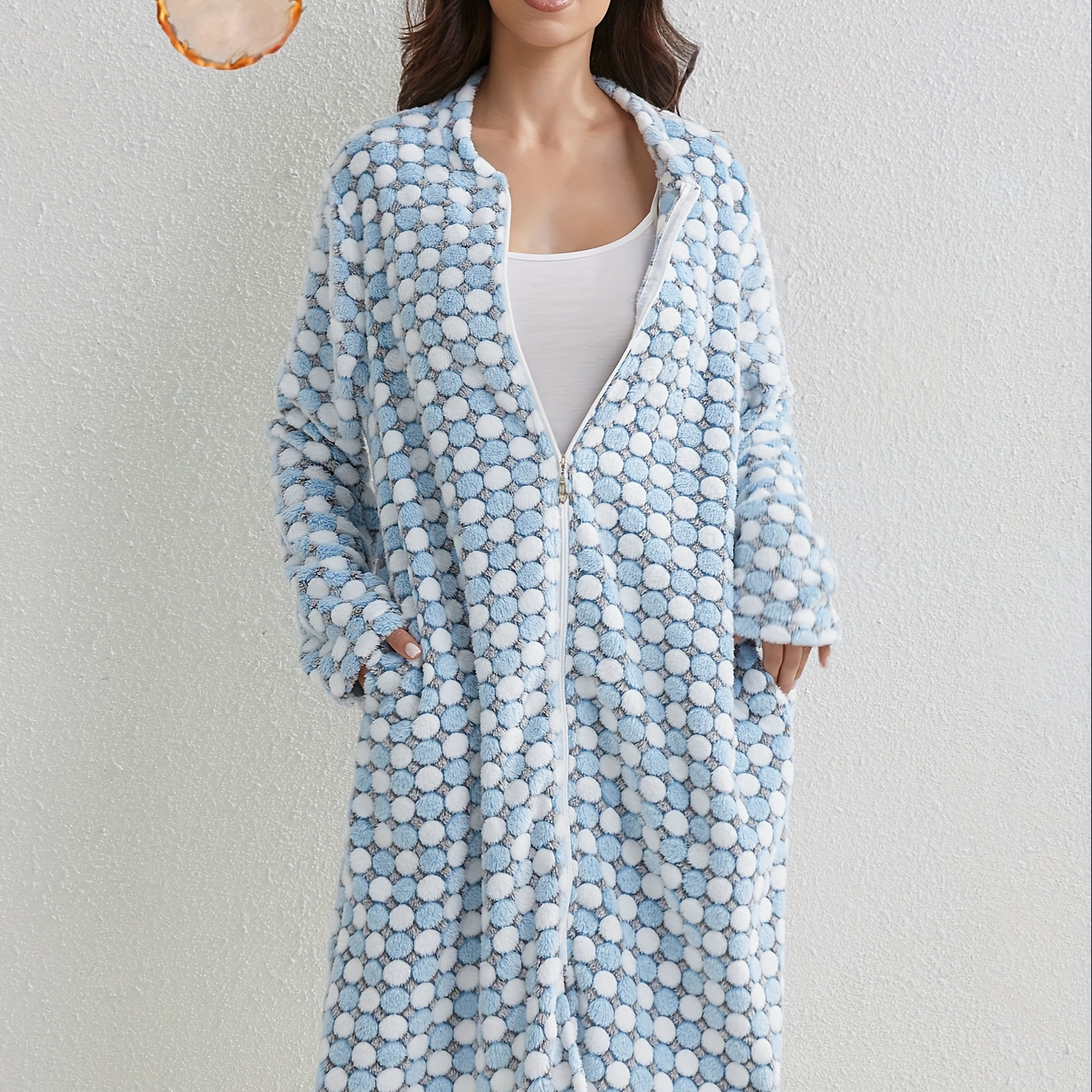 TEMU Polka Dot Zipper Night Robe, Casual Comfy Long Sleeve Flannel Robe, Women's Sleepwear