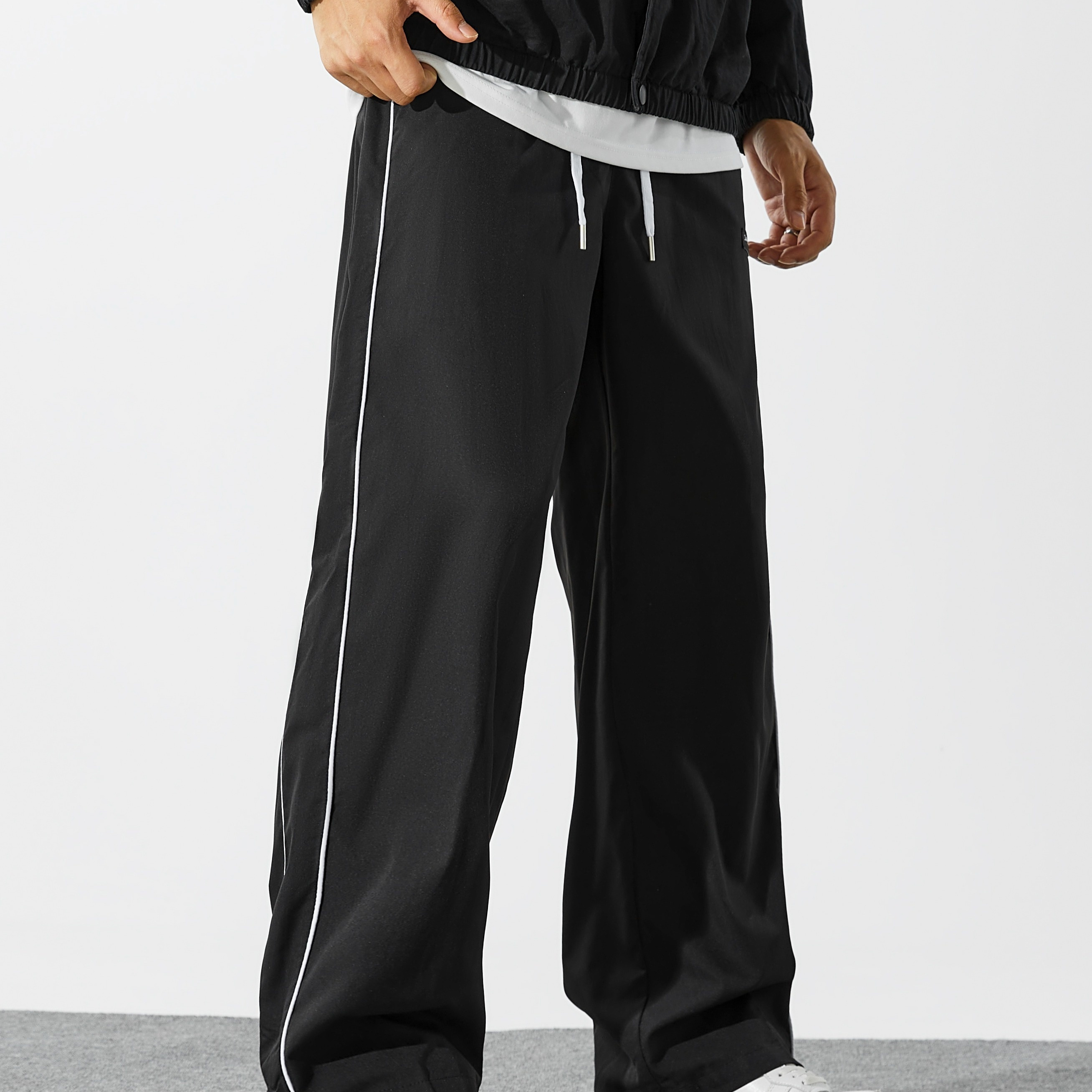 

Men's Casual Polyester Cargo Pants, Straight-leg Wide-leg, Drawstring Waistband, Letter Print, Regular Length, , Belt, Loose Fit, Adult, Woven Fabric