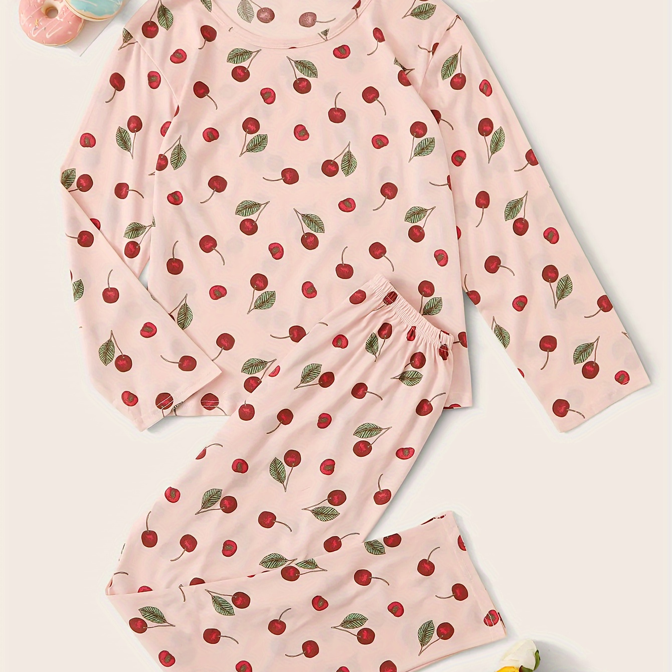 

Women's Cozy Cherry Print Pajama Set - Soft Polyester , Short Sleeve & Long Pants With Waistband, Cute Loungewear For All