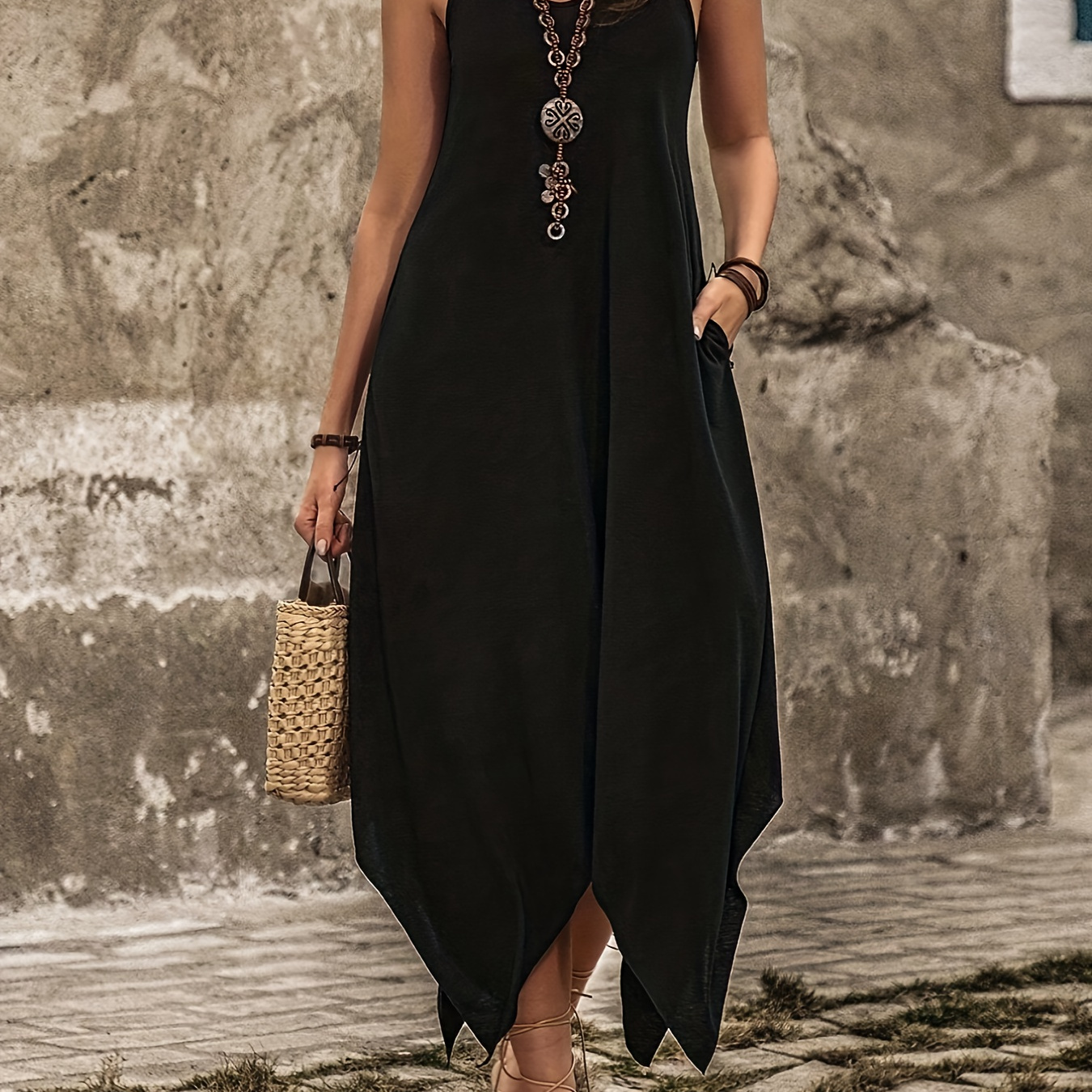 

Asymmetrical Hem Spaghetti Strap Dress, Casual Solid Color Sleeveless Dress For Summer, Women's Clothing