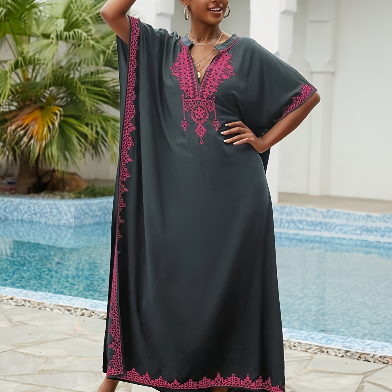 

Women's Embroidered V-neck Kaftan, Cotton Loose Casual Vacation Beach Cover-up, Stand Collar Long Dress Sleeves