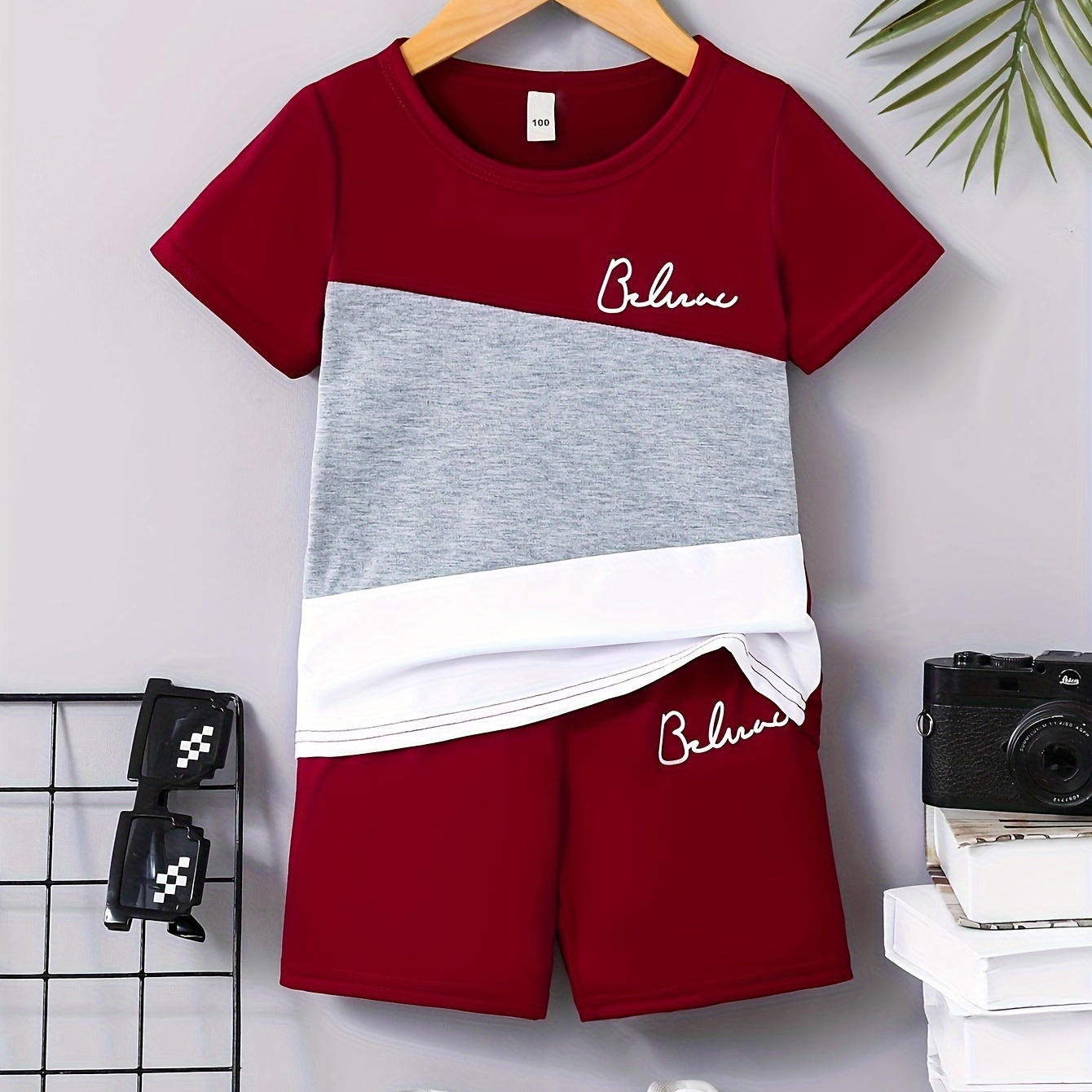 

2pcs Boys Casual Believe Letter Graphic Print Color Block Short Sleeve T-shirt & Shorts Set, Comfy Summer Boys Clothes