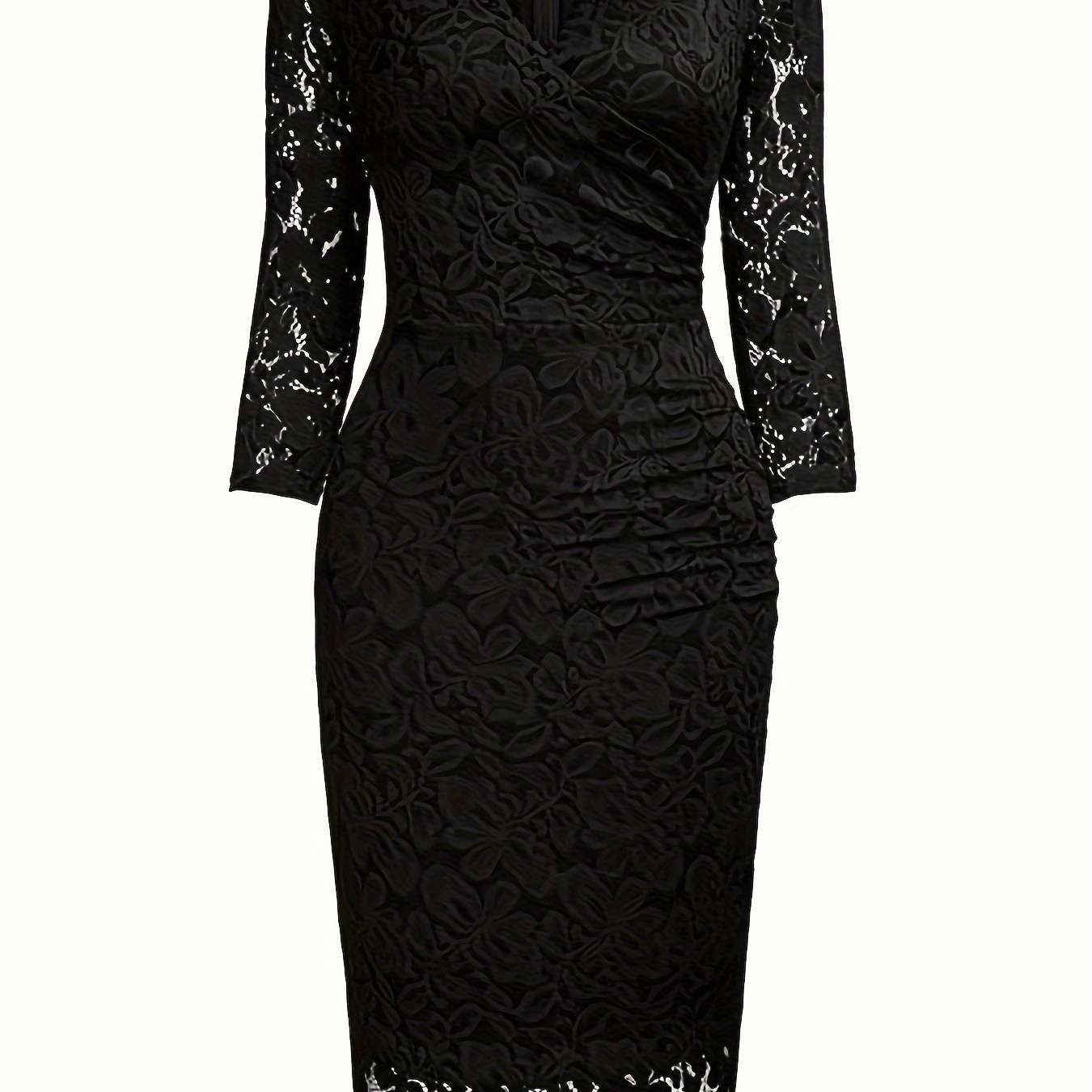 

Contrast Lace Surplice Neck Bodycon Dress, Elegant 3/4 Sleeve Dress For Spring & Fall, Women's Clothing