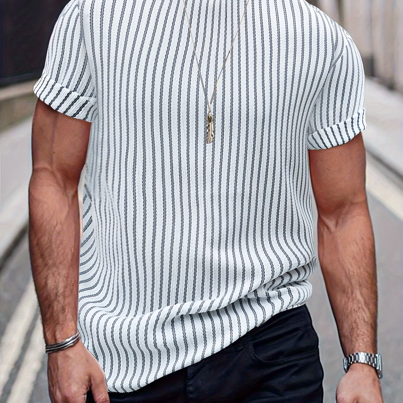 

Men's Color Matching Striped T-shirt, Casual Short Sleeve Crew Neck Tee, Men's Clothing For Outdoor