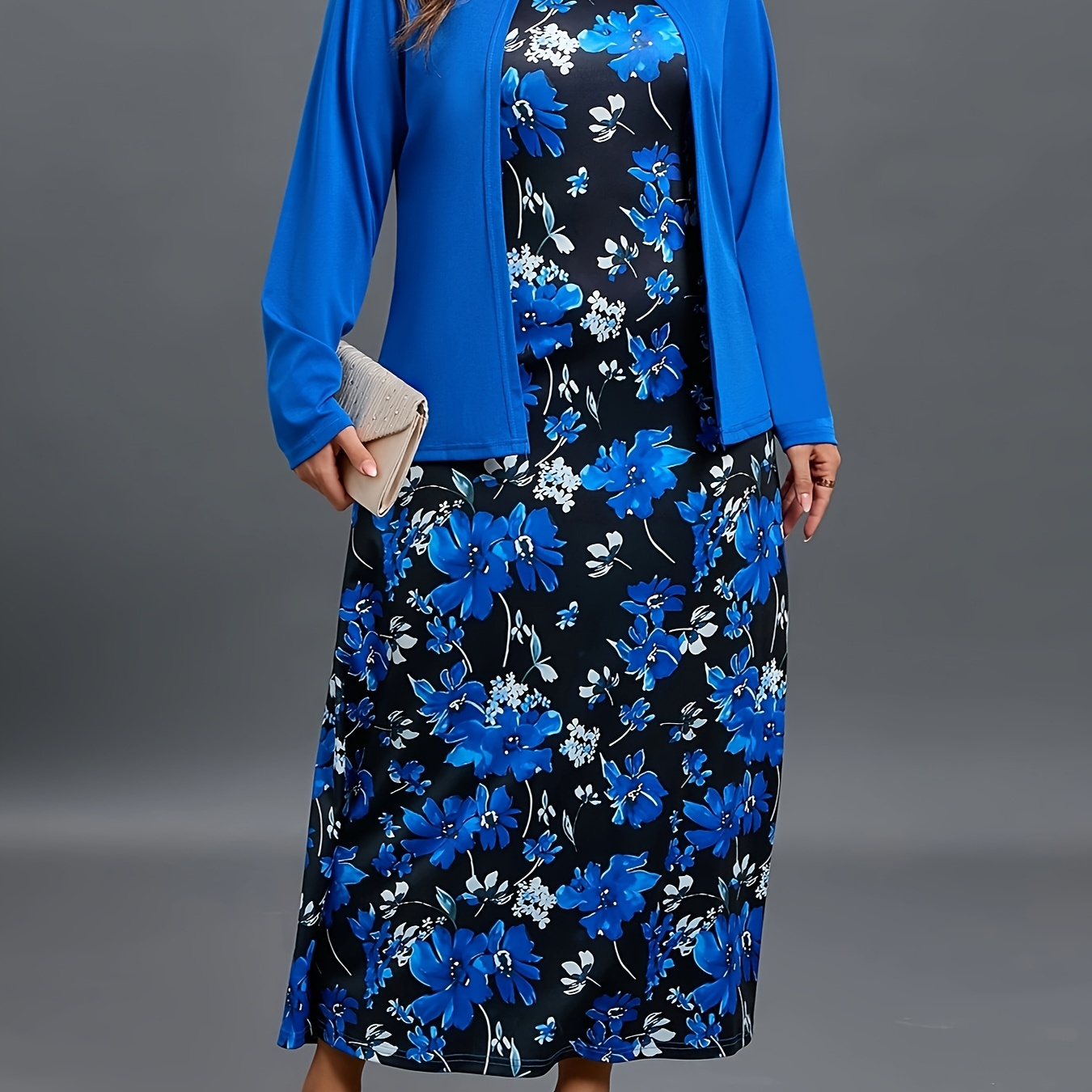 

[2pcs Plus Size Floral -ord Set] Plus Size Floral -ord Set, Casual Crew Neck Long Sleeve Top And Skirt Outfit, Polyester Knit Fabric With Slight Stretch, Elegant Two-piece Ensemble