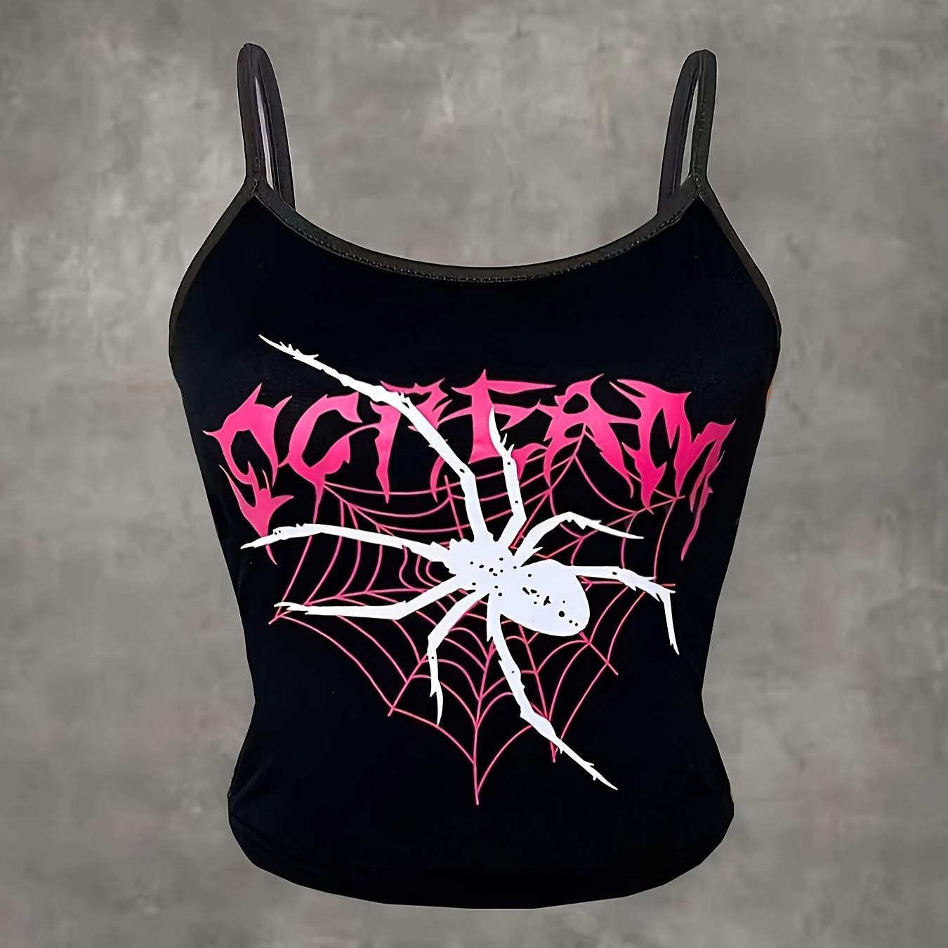 

Y2k-inspired Spider & Letter Print Cami Top - Stretchy Polyester , Machine Washable - Women'