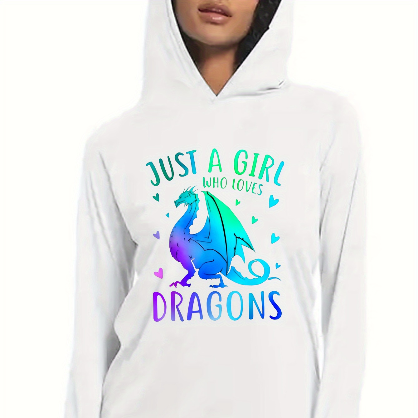 

Girl Who Dragons Long Sleeve Hoodie - Casual Polyester Knit Fabric With Dragon Print, Regular Fit, No Drawstring, Unisex Fall/