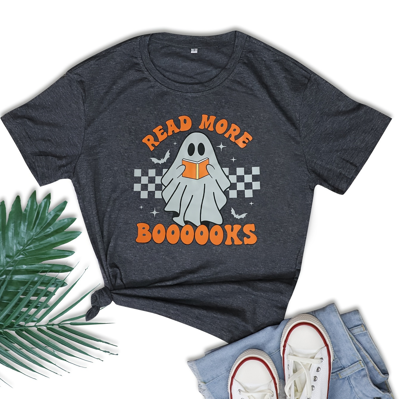 

Ghost & Letter Print Crew Neck T-shirt, Casual Short Sleeve Top For Spring & Summer, Women's Clothing