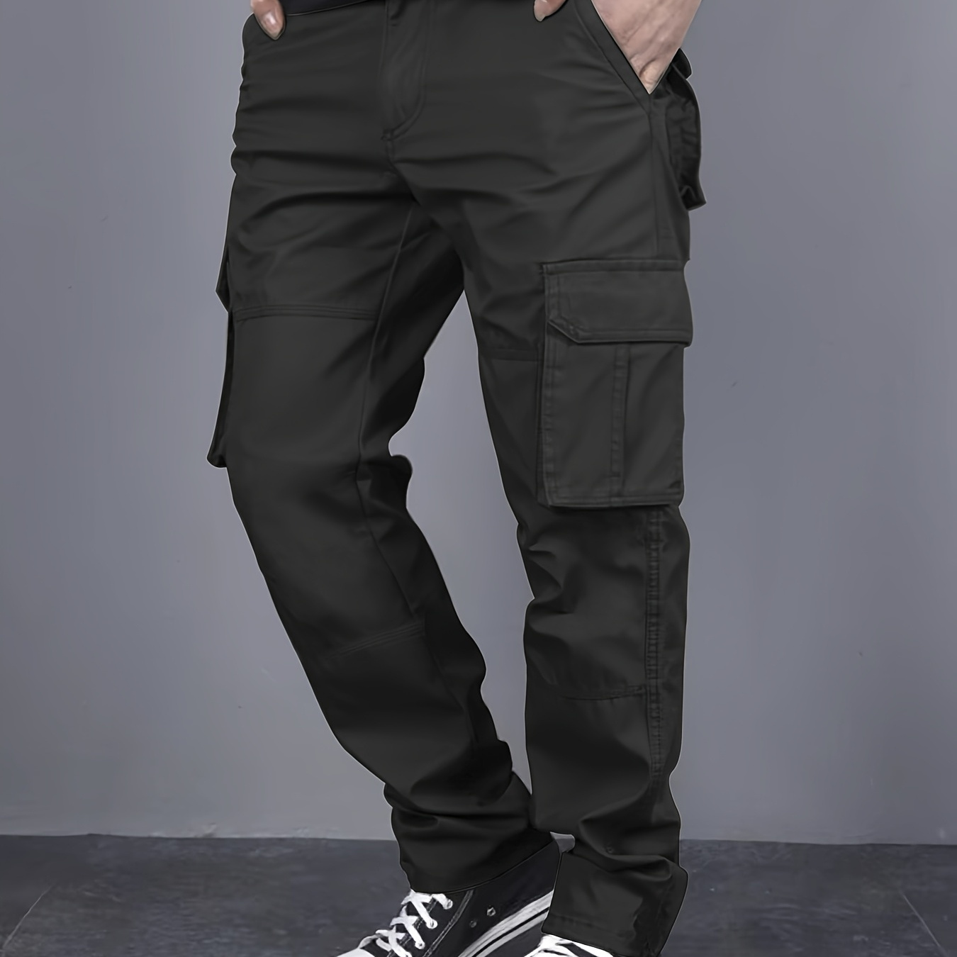 

Solid Color Cargo Pants With Multiple Flap Pockets, Straight-leg, Drawstring Waist, Loose Fit For Hiking, Fishing, Streetwear, And Outdoor Camping