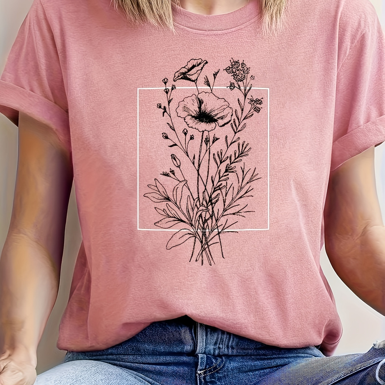 

Plus Size Floral Print T-shirt, Casual Crew Neck Short Sleeve T-shirt, Women's Plus Size clothing