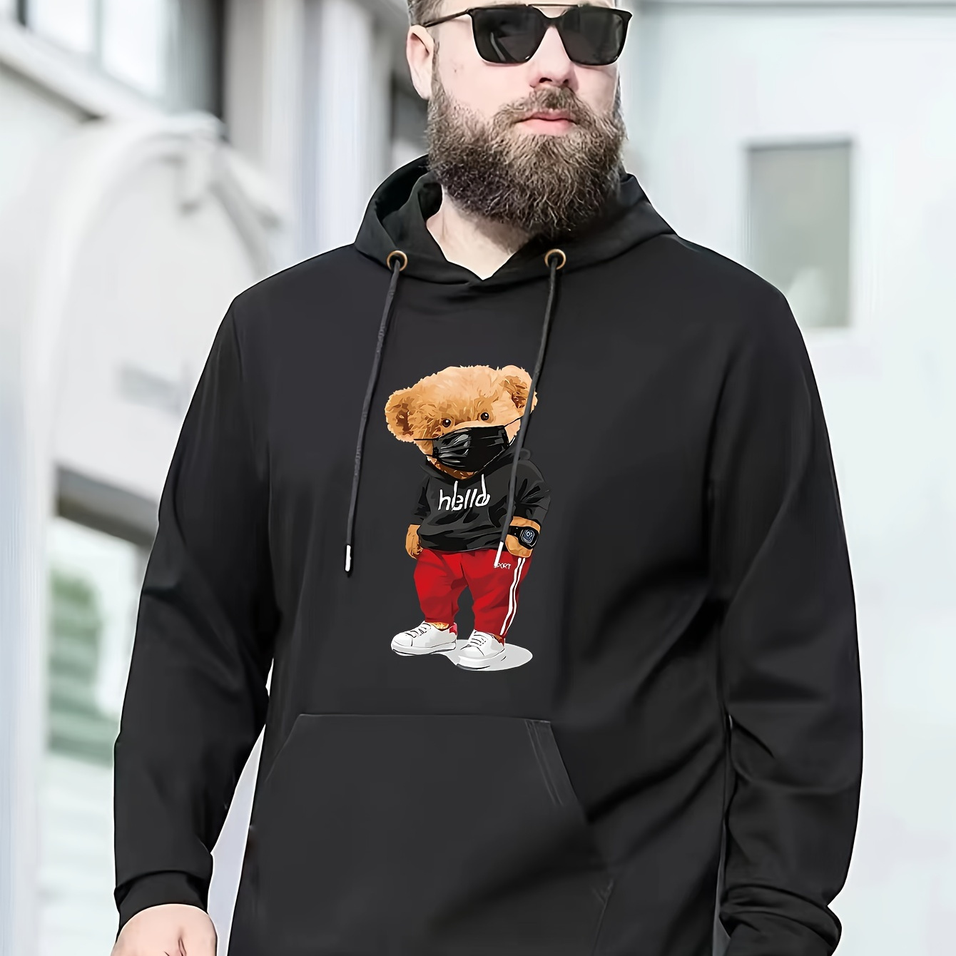 

Autumn Winter Men's Hoodies, Cartoon Bear With Face Mask Print Oversized Hooded Sweatshirt For Males, Men's Clothing, Plus Size