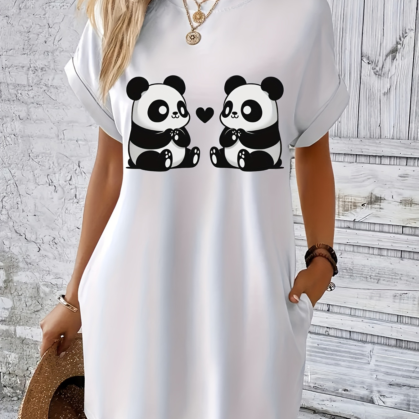 

Panda Print Tee Dress, Short Sleeve Crew Neck Casual Dress For Summer & Spring, Women's Clothing