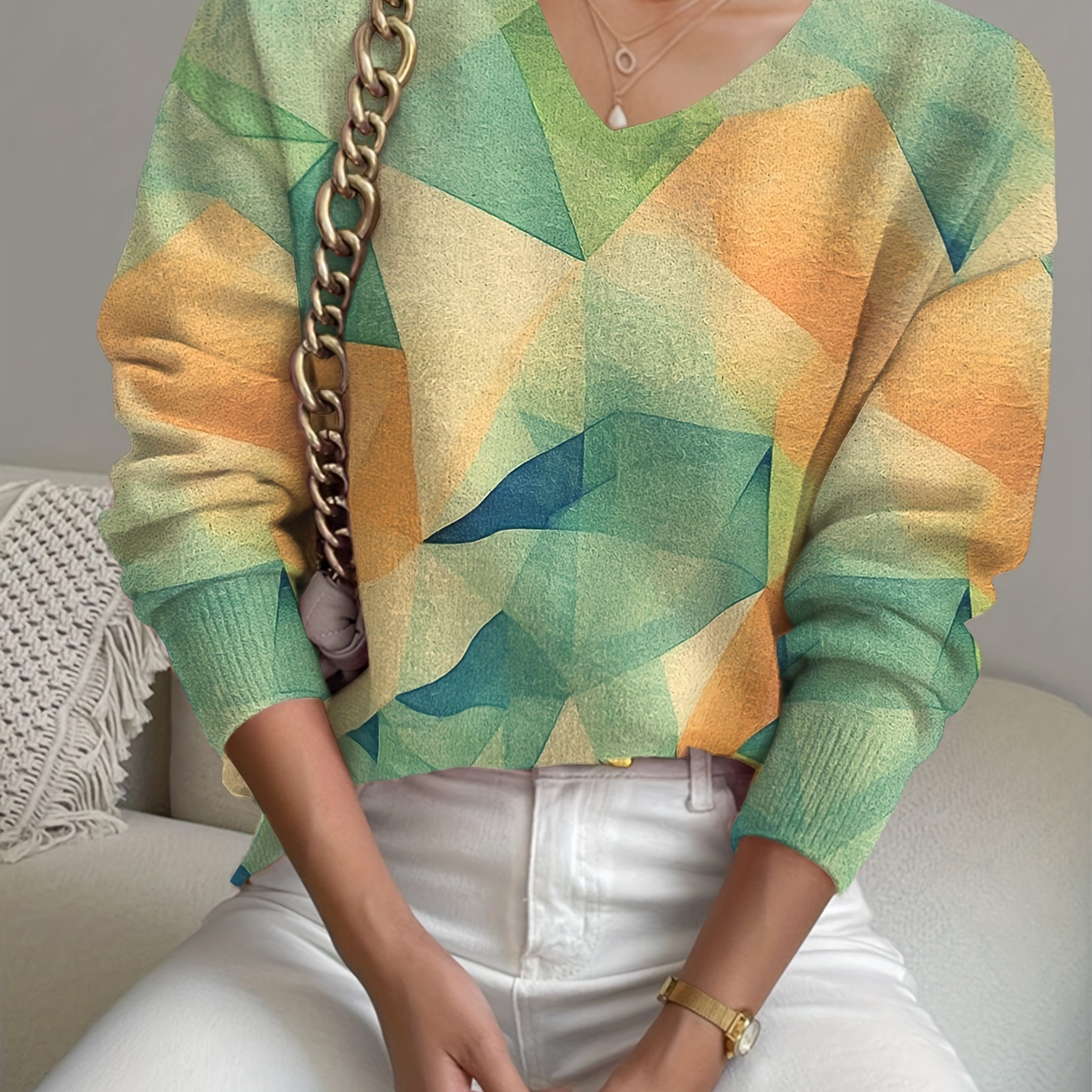 

Pull à manches longues , pull décontracté à col en V pour l'hiver et , vêtements pour femmes