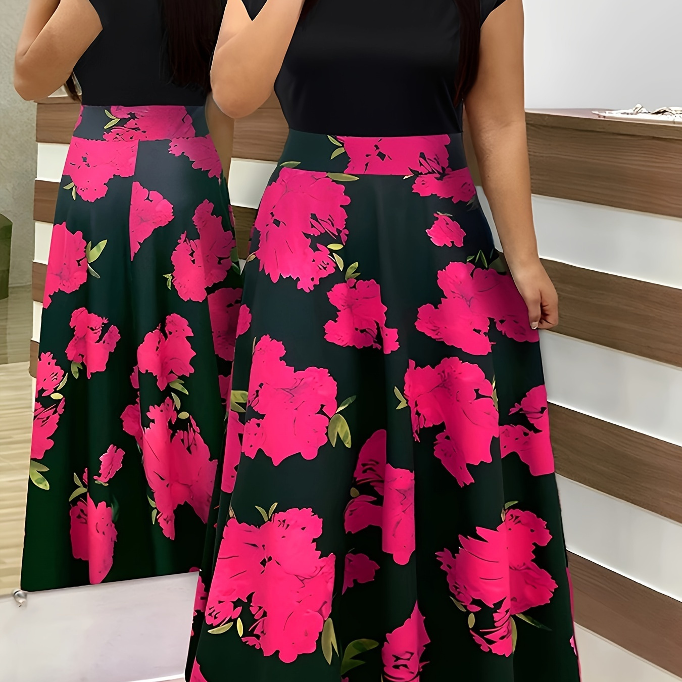 

Floral Print Crew Neck Dress, Elegant Short Sleeve Maxi Dress, Women's Clothing