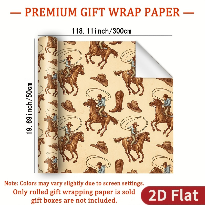 TEMU 1 Roll 2d Flat Western Cowboy Illustration Wrapping Paper, Gift Glossy Wrapping Paper - Light Beige Background With Hand-drawn Vintage Western