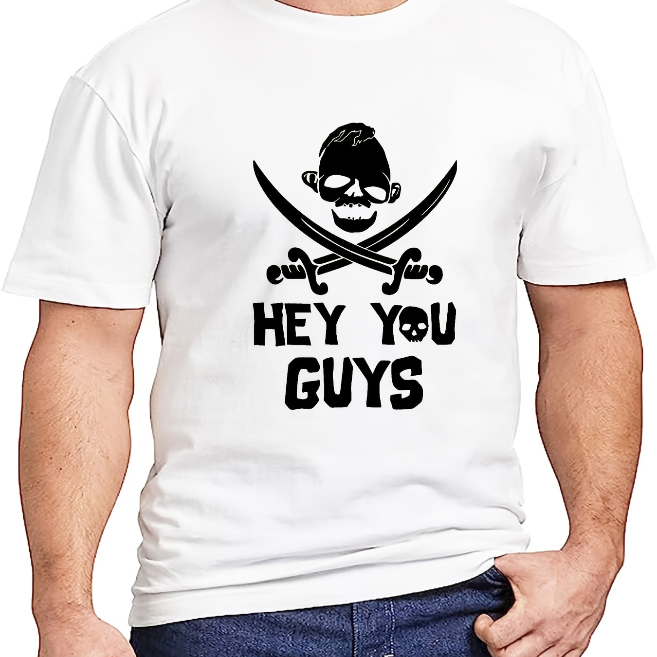 

Pirate Skull & Letter Pattern Print Men's Comfy Chic T-shirt, Graphic Tee Men's Summer Outdoor Clothes, Men's Clothing, Tops For Men, Gift For Men