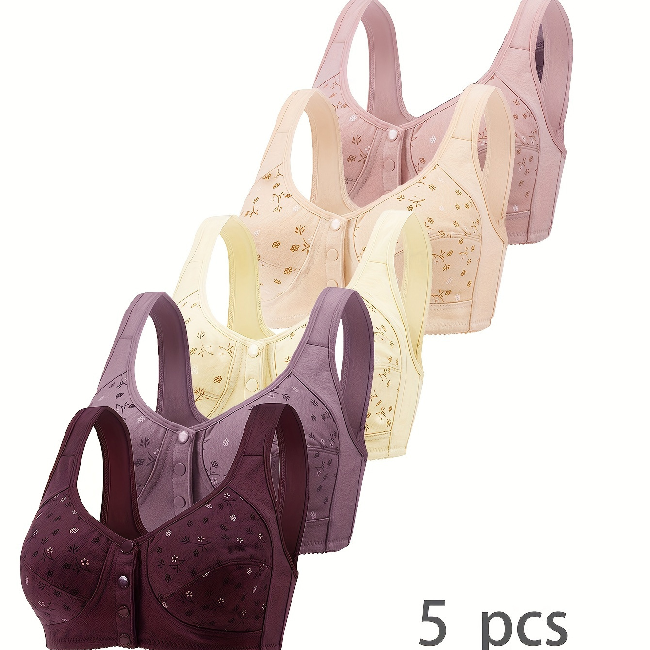 

5pcs Women's Plus Elegant Bras, Plus Size Ditsy Floral Print Front Button Soft Tank Bra