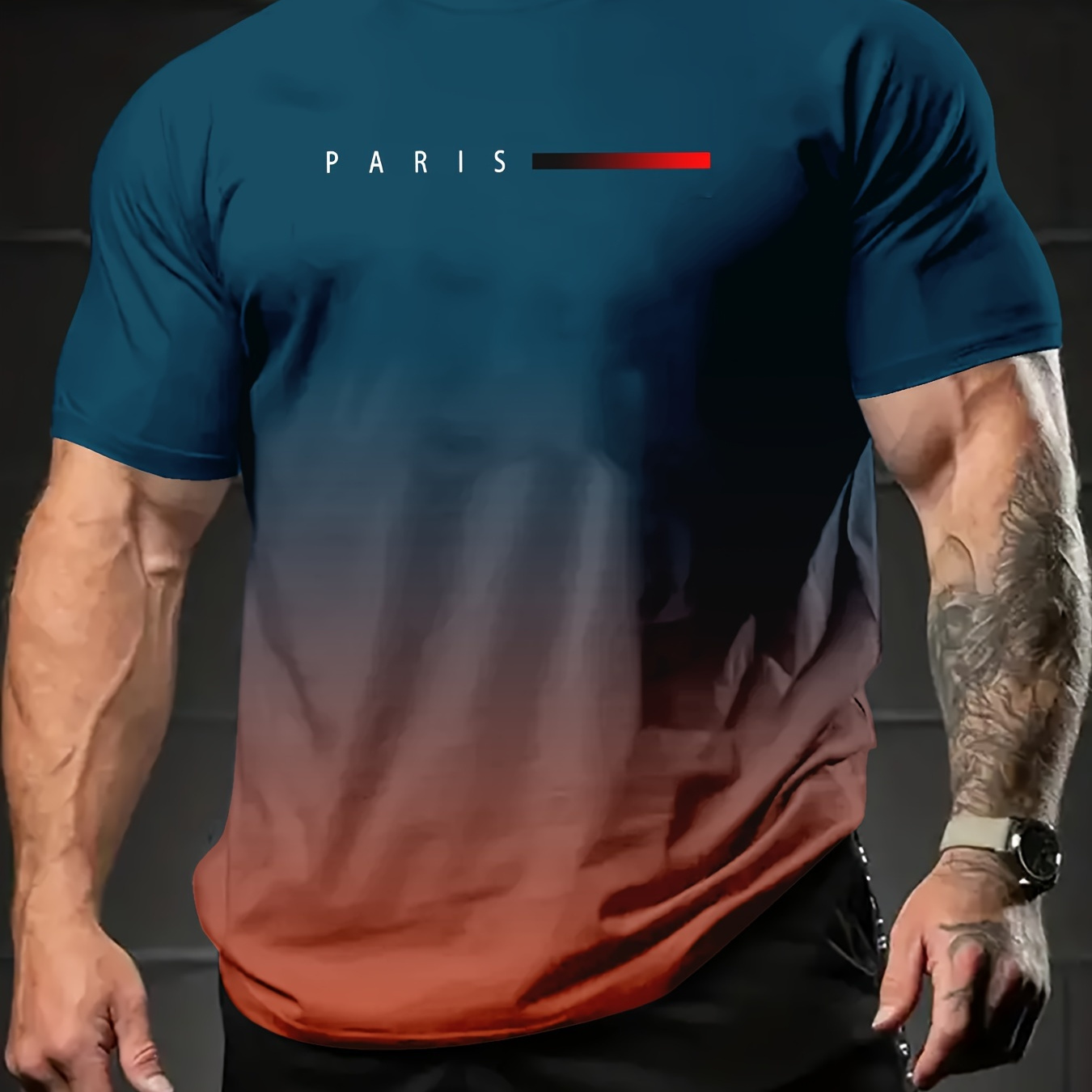 

Men's Gradient Color Paris Graphic Print T-shirt, Short Sleeve Crew Neck Tee, Men's Clothing For Summer Outdoor