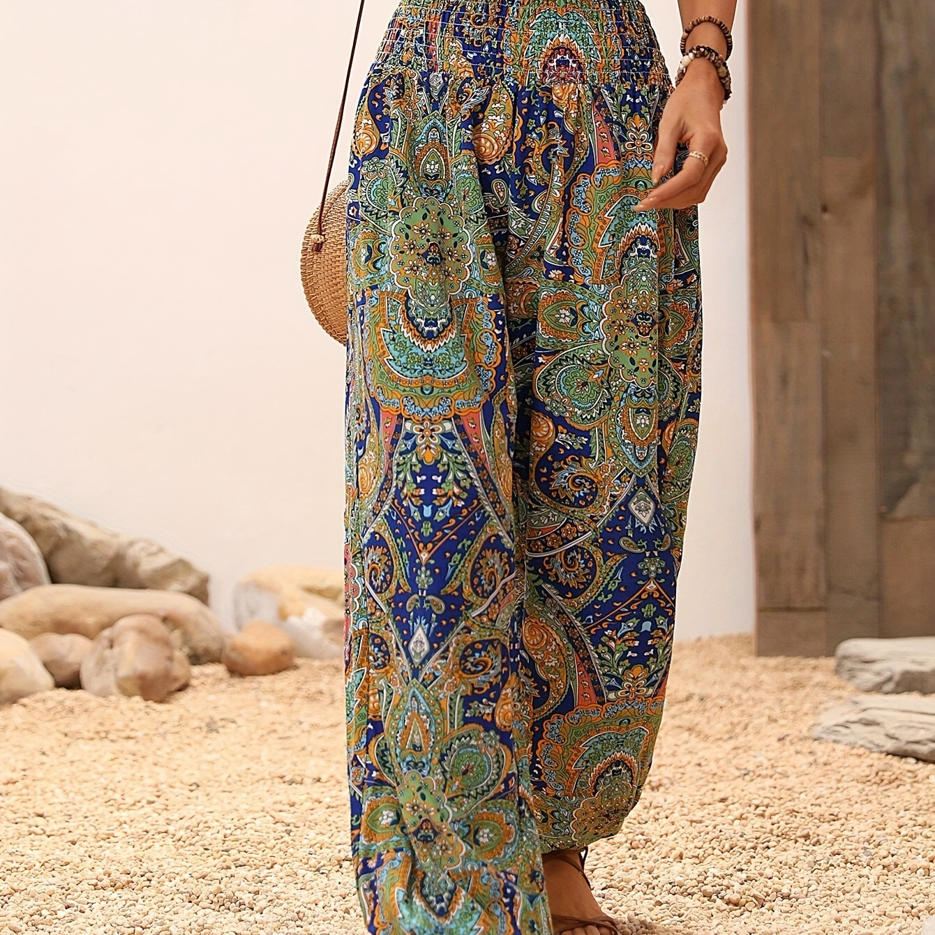 

1pc Bohemian Mandala Printed Casual Jogger Pants For Women, Polyester Woven Adult Trousers With Waistband