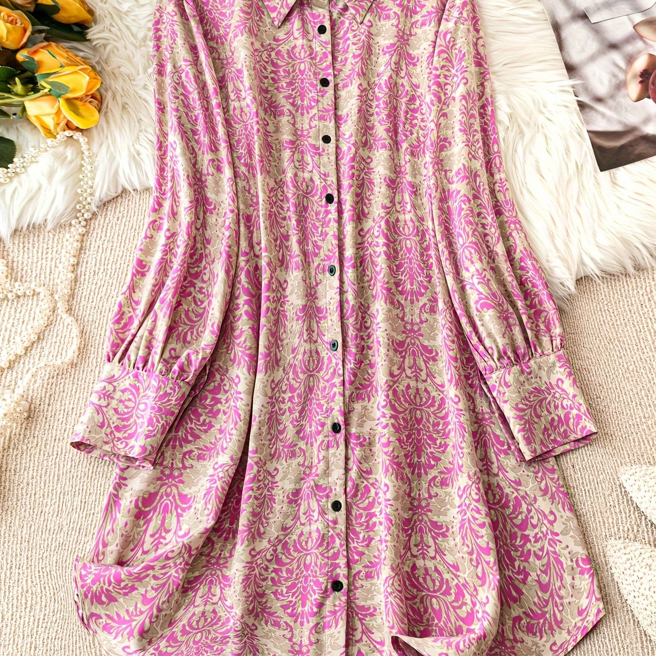 

Floral Print Button Front Shirt Dress, Elegant Long Sleeve Loose Fit Flowy Dress For Spring & Fall, Women's Clothing