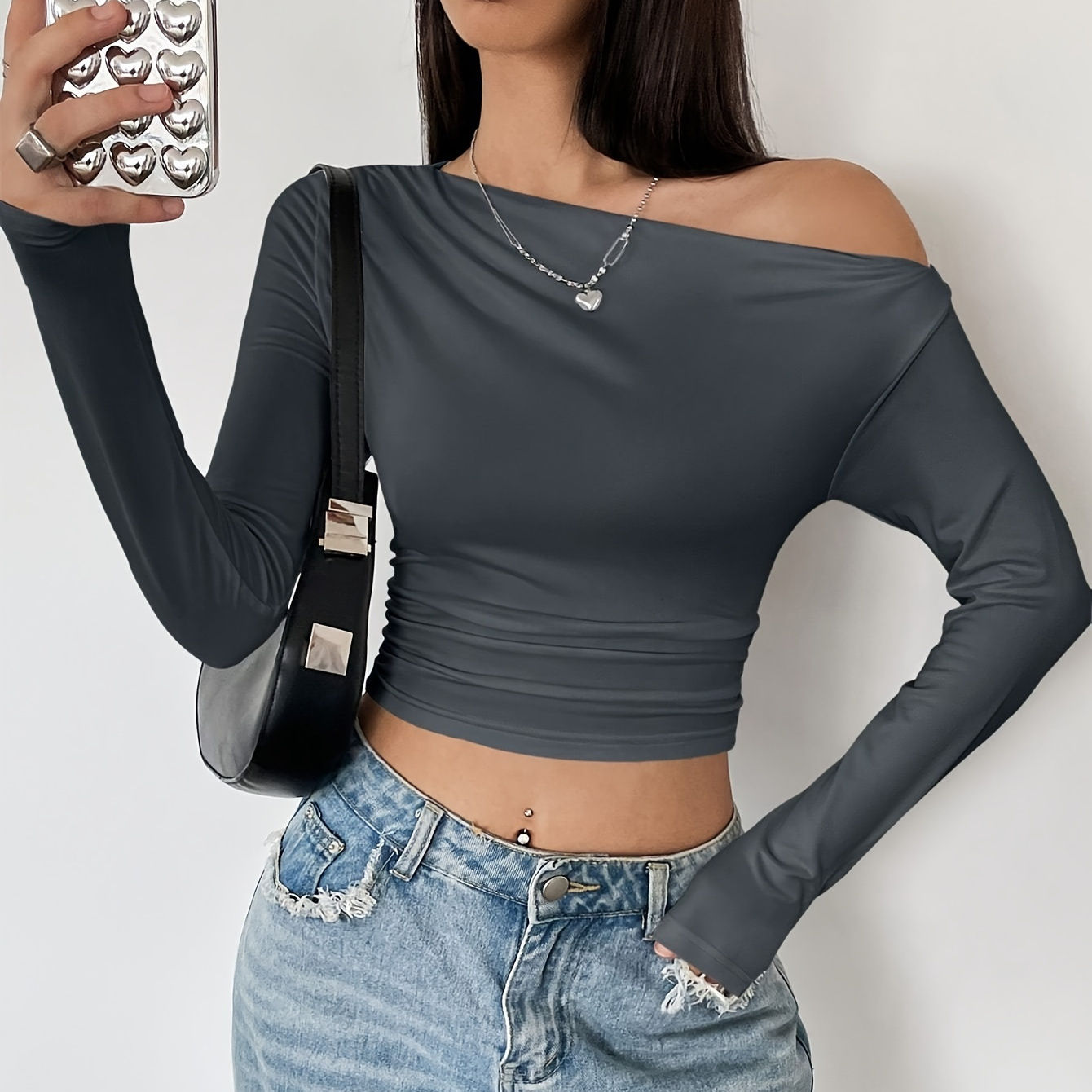 

Ruched 1 Shoulder T-shirt, Casual Solid Long Sleeve Crop Top, Women's Clothing