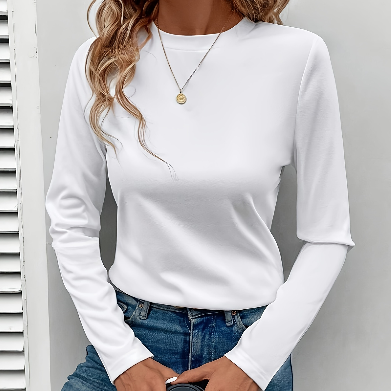 

Women's Casual Long Sleeve T-shirt - Dacron & Spandex Blend, Crew Neck, Solid Color, Knit Fabric, Slim Fit, Pullover Style