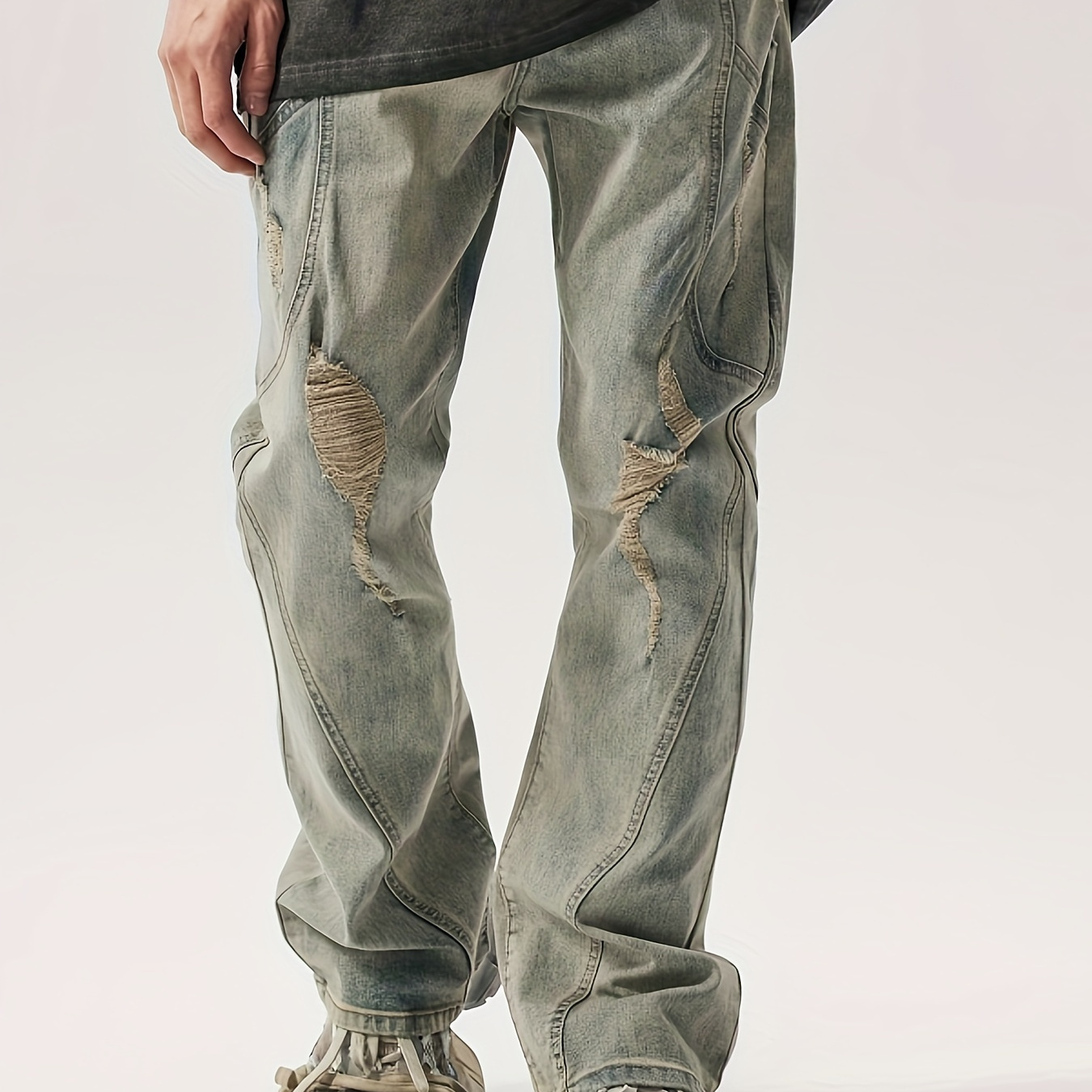 

Men's Loose Ripped Denim Trousers With Pockets, Street Style Cotton Blend Barrel Jeans For Outdoor Activities