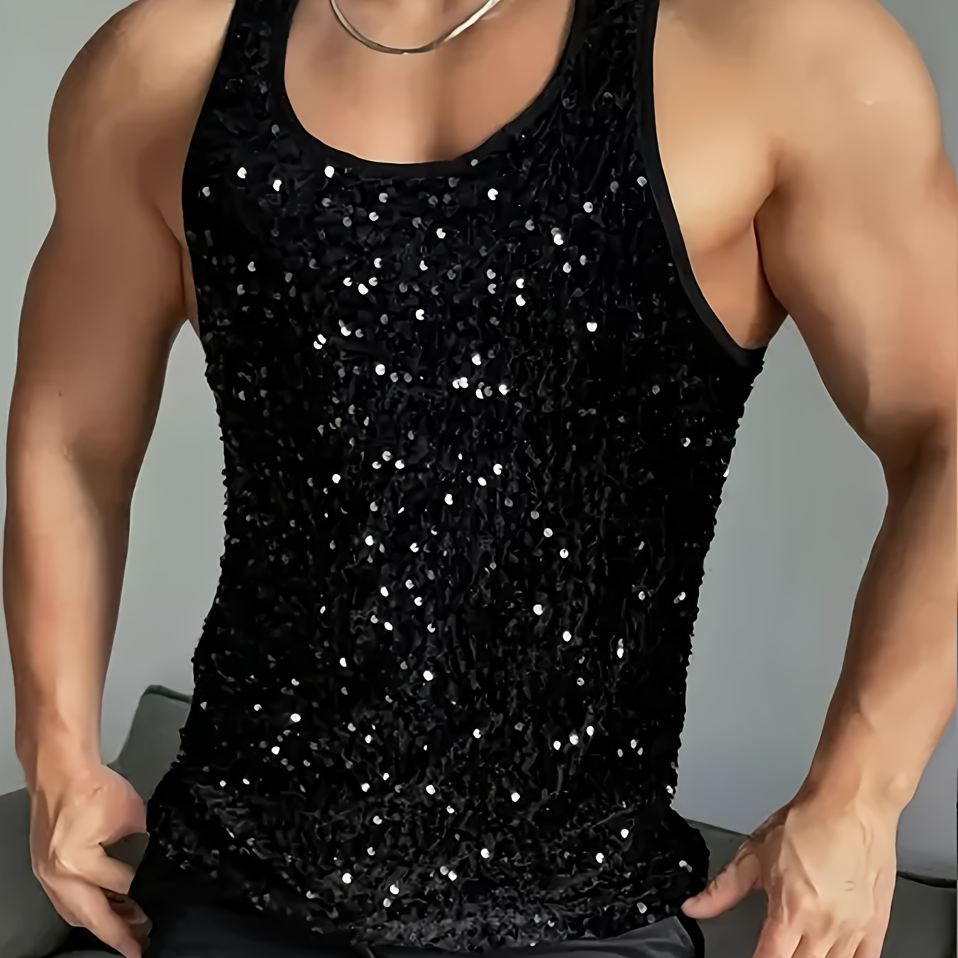 

Men's Sequined Tank Top, Stylish Muscle Fitted, Shimmering Party Wear, Sleeveless Sparkling Shirt For Club And Stage Performances
