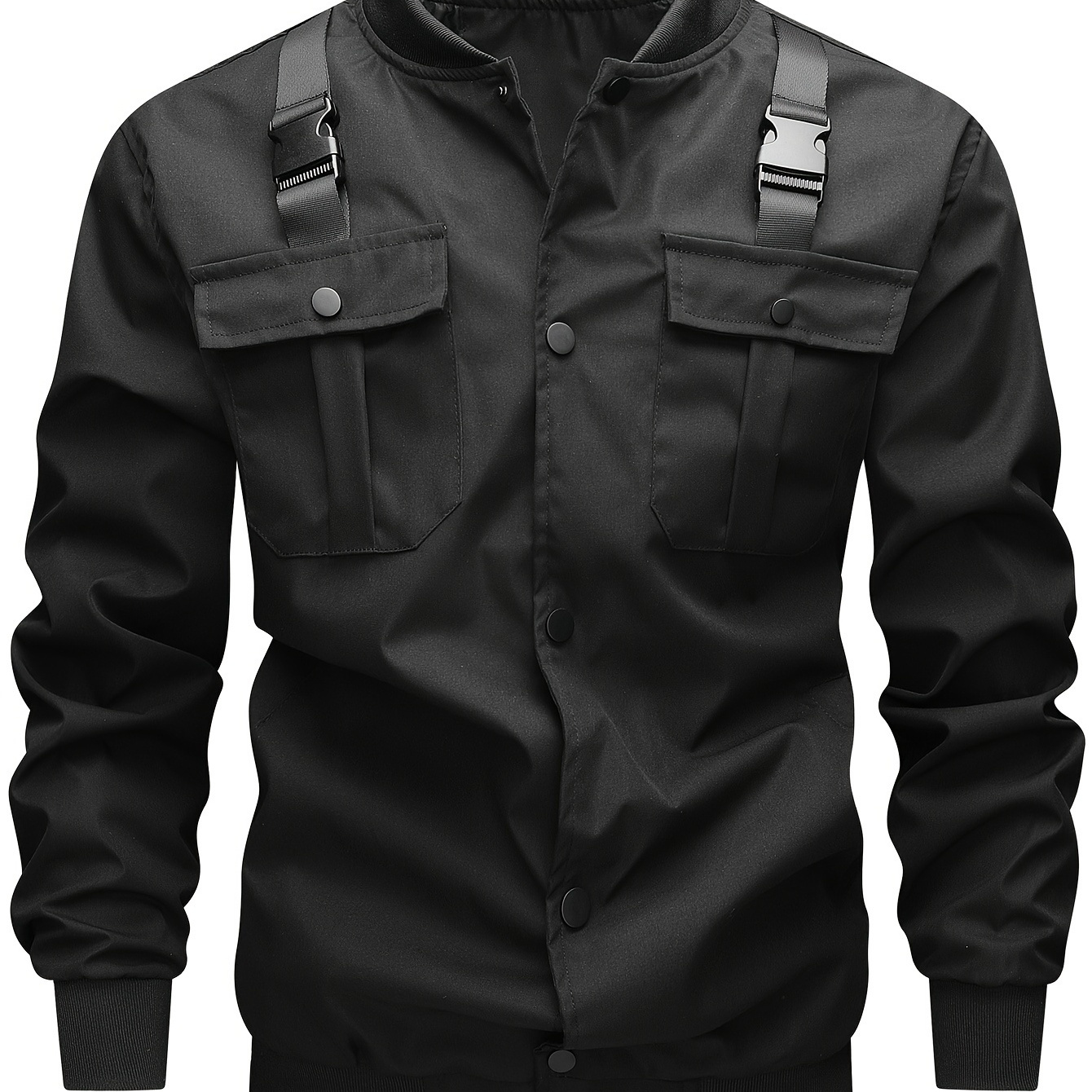 

Men's Casual Tech Wear Biker Jacket, Chic Street Style Baseball Collar Bomber Jacket