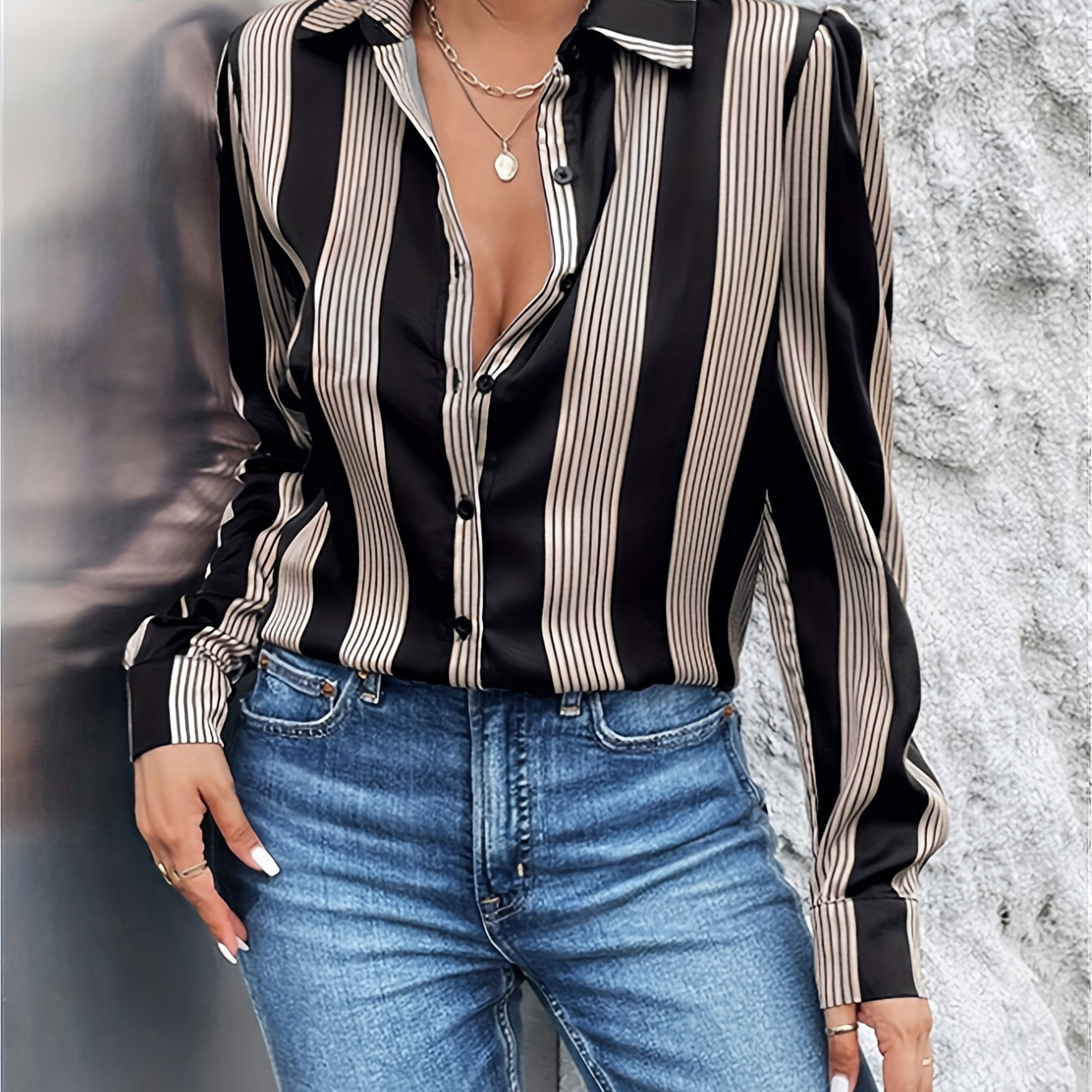 

Striped Print Button Down Shirt, Vintage Long Sleeve Shirt For Spring & Fall, Women's Clothing