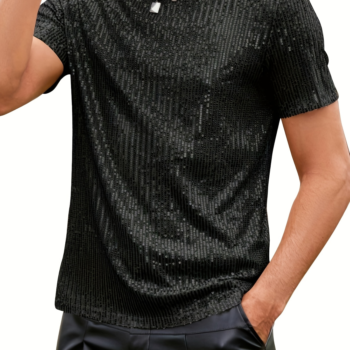 

T-shirt à paillettes sexy pour homme, col rond à paillettes noires, manches courtes, mélange % polyester et polyamide, tissu tricoté légèrement extensible, 200 g/m², haut d'été pour soirée dansante.