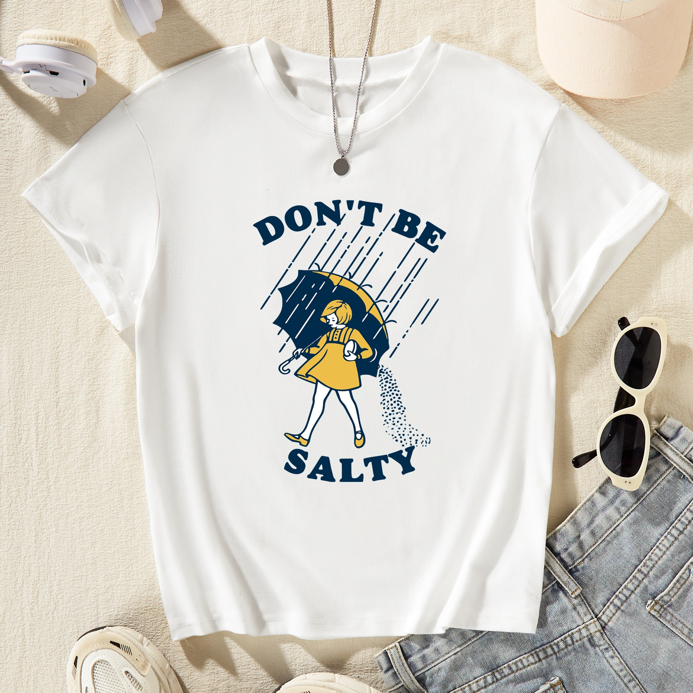 

Don't Be Salty And Cute Cartoon Girl With Umbrella Graphic Print, Girls' Casual Crew Neck Short Sleeve T-shirt, Comfy Top Clothes For Spring And Summer For Outdoor Activities