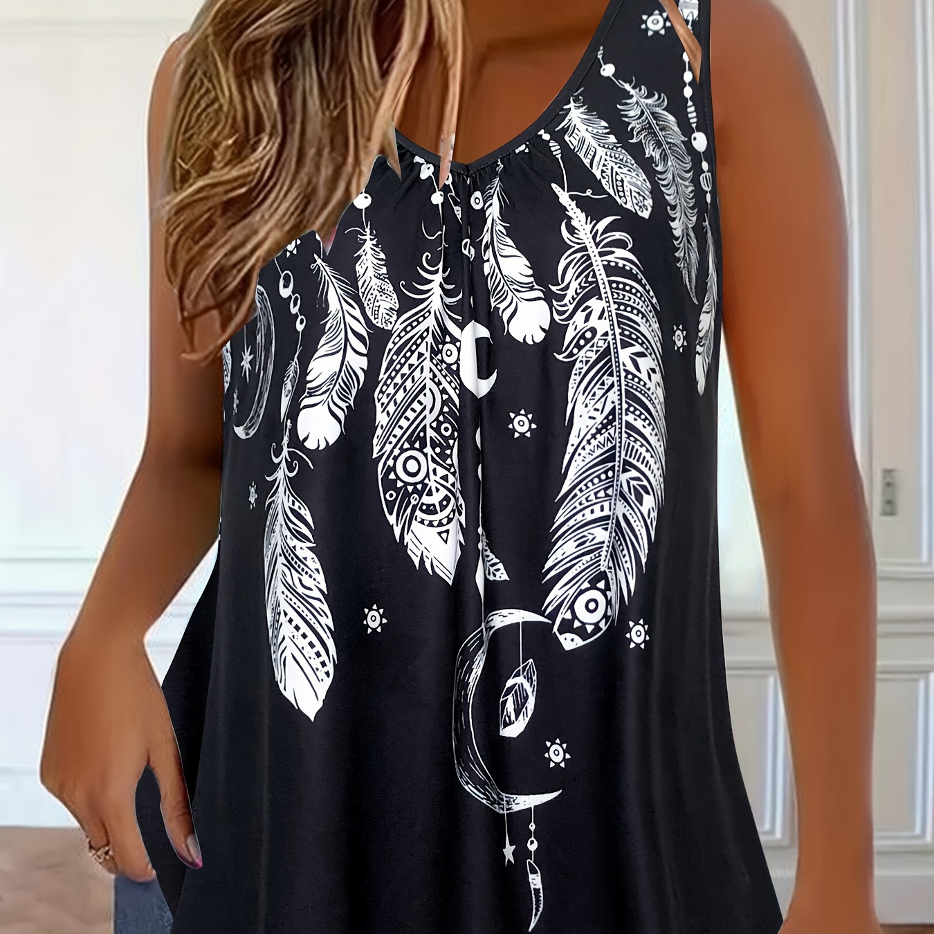 

Plus Size Feathers Print Tank Top, Casual Ruched Sleeveless V Neck Top For Summer & Spring, Women's Plus Size Clothing