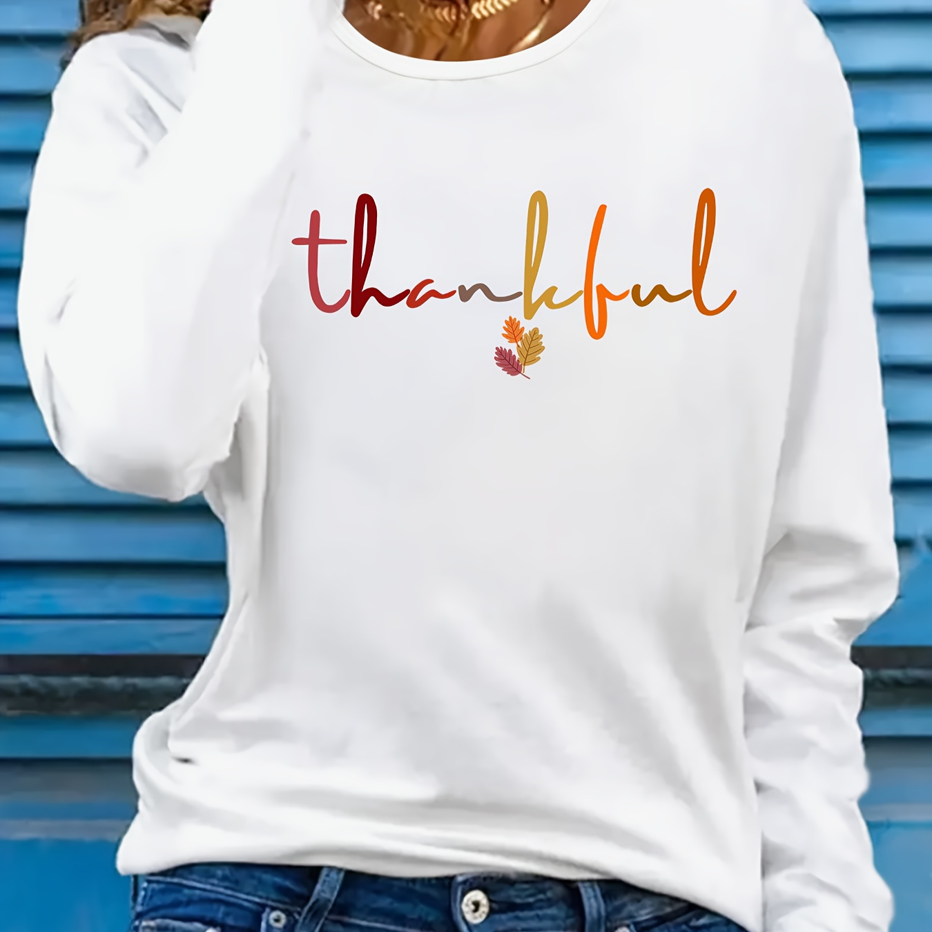 

Leaf Casual Long Sleeve T-shirt For Women - Cozy Polyester, Crew Neck, Machine Washable - Fall/winter