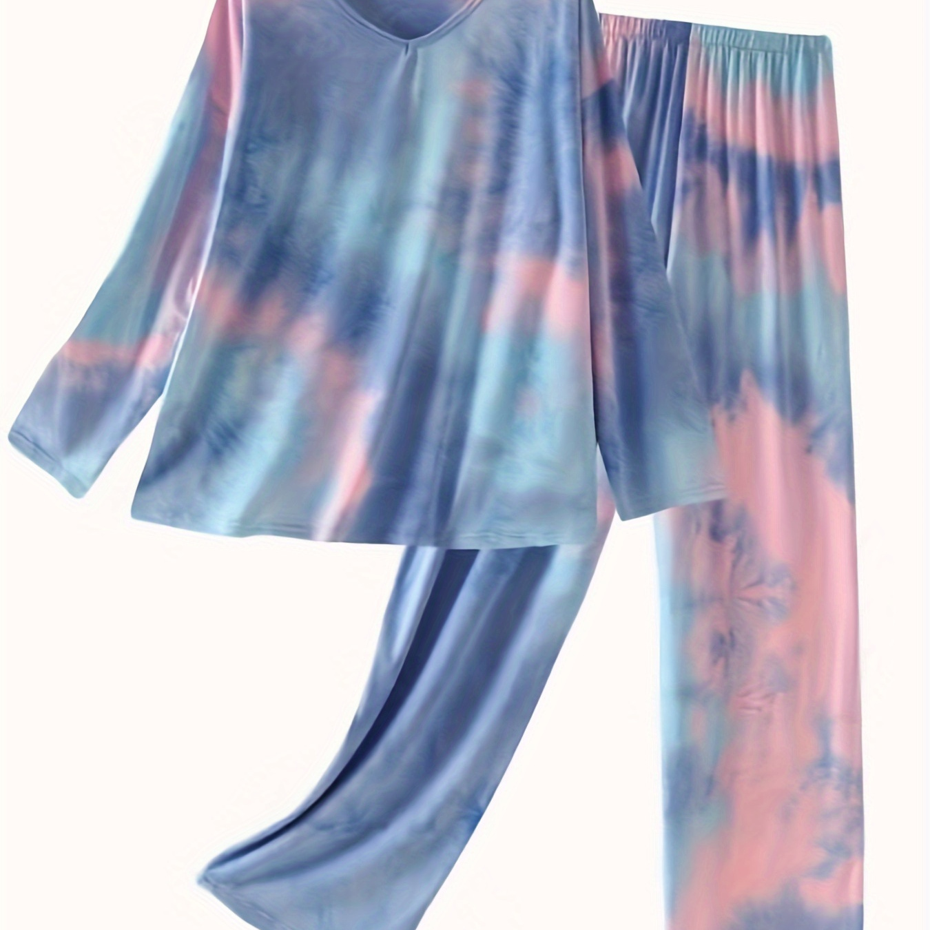 

Large Size Fashion Casual Suit, Women's Plus Tie-dye Long Sleeve Round Neck And Pants Pajama 2pcs Set