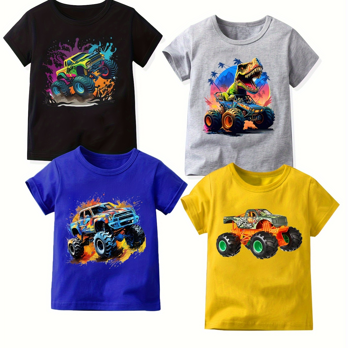 

4pcs Boy's Casual Comfy Summer Short Sleeve T-shirts - Monster Trucks Themed Print Trendy Tops Multi-pack Gift