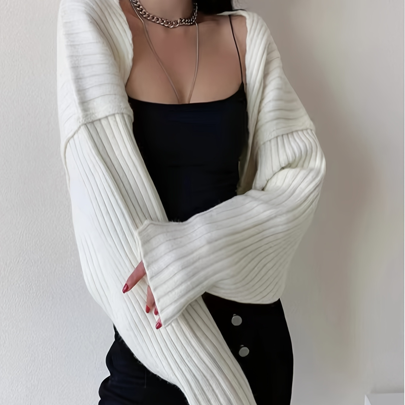 

1pc Sexy Solid Color Acrylic Knit Sweater - Long Sleeve, Collarless, Short Length Pullover For Fall/winter, Stylish Layering Piece|elegant Sleeveless Top|stretchable Material