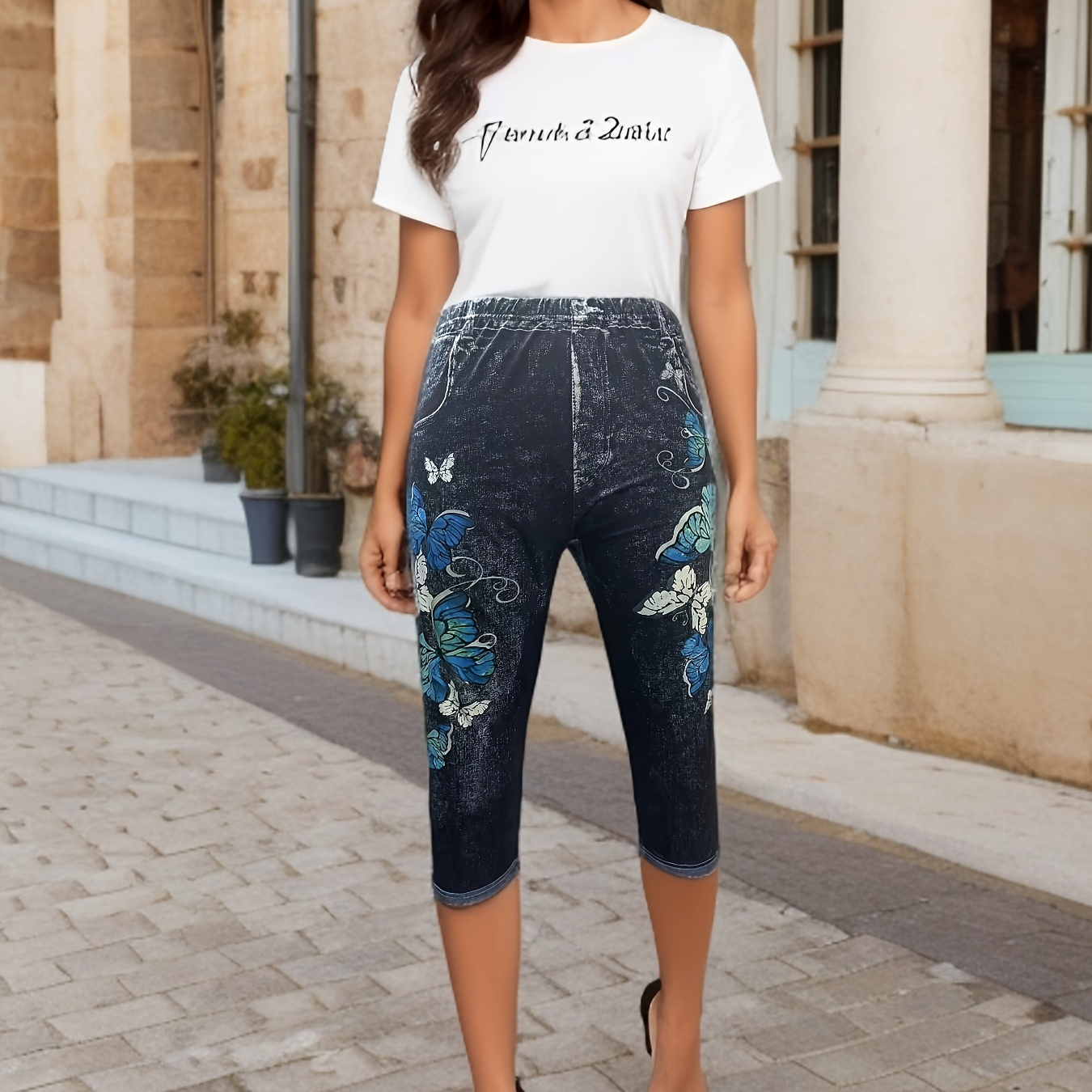 Plus Size Graphic & Denim Print Clam Digger Skinny Leggings, Women's Plus Medium Stretch Casual Leggings