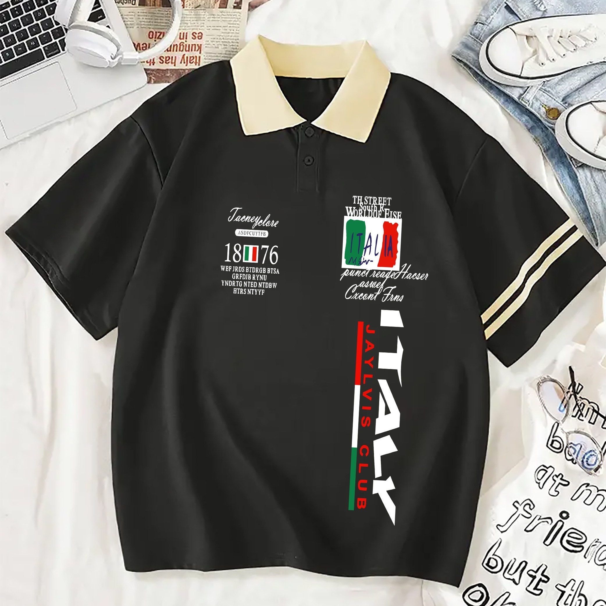 

Italy Print Loose Polo T-shirt, Casual Short Sleeve Collared Sporty Top For Summer & Spring, Women's Clothing