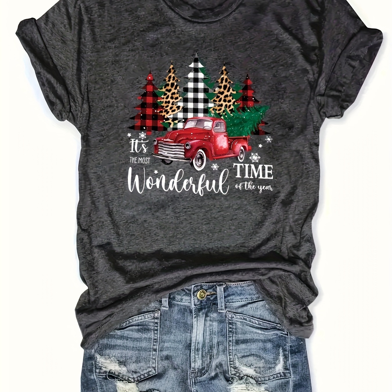 

Plus Size Christmas Print T-shirt, Casual Short Sleeve Crew Neck Top For , Women's Plus Size Clothing