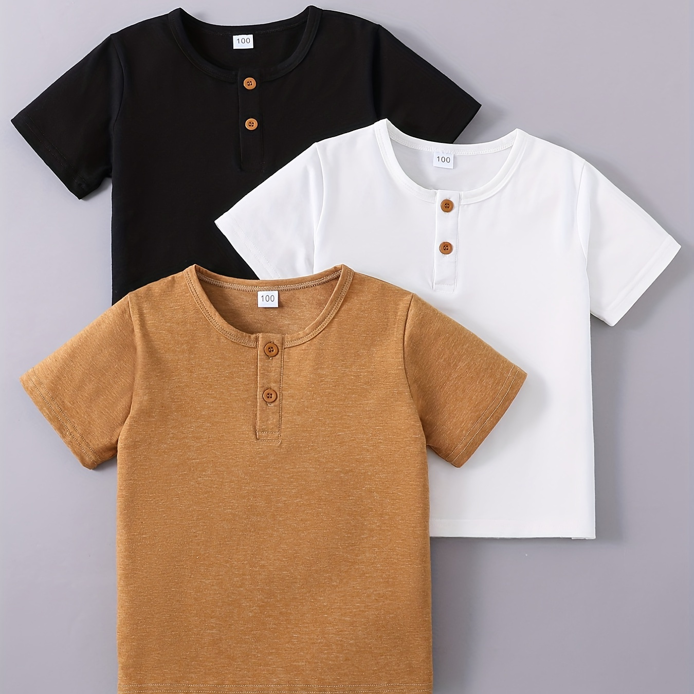 

3pcs Boys Casual Plain Color Half Button Round Neck T-shirt Set Clothes