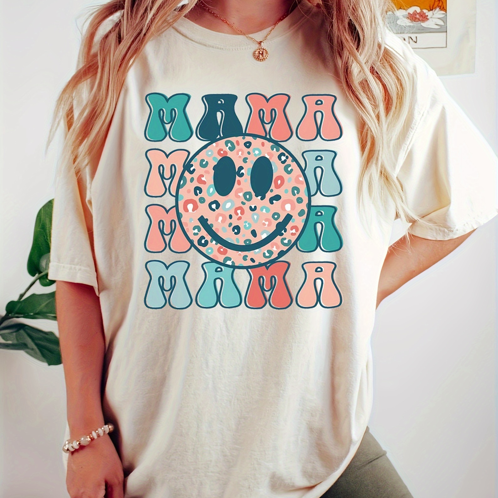 

Mama Print Crew Neck T-shirt, Casual Short Sleeve Top For Spring & Summer, Women's Clothing